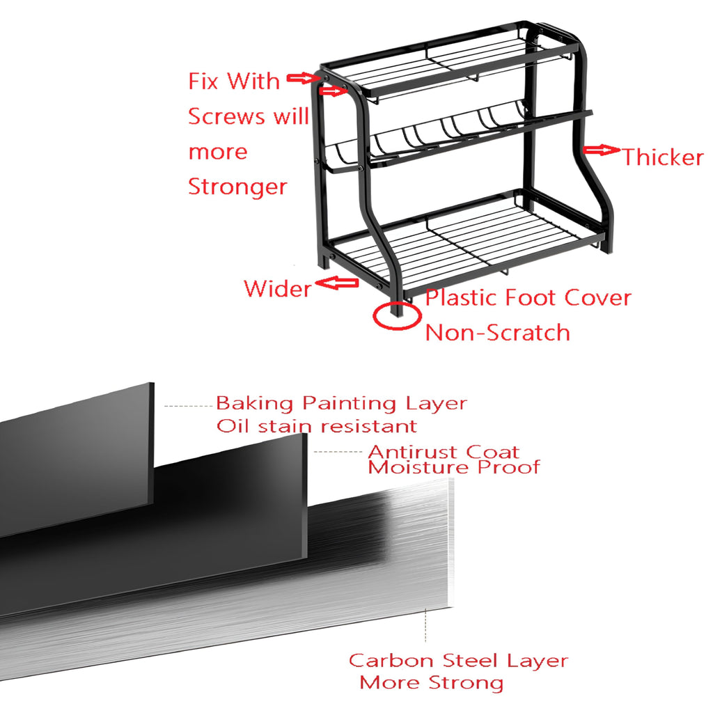 DadaoEC 3 Tier Countertop Organizer For Kitchen Black Steels Cooking oil bottle and Spice Seasoning Sauce storage rack Metal counter shelf for Cupboard