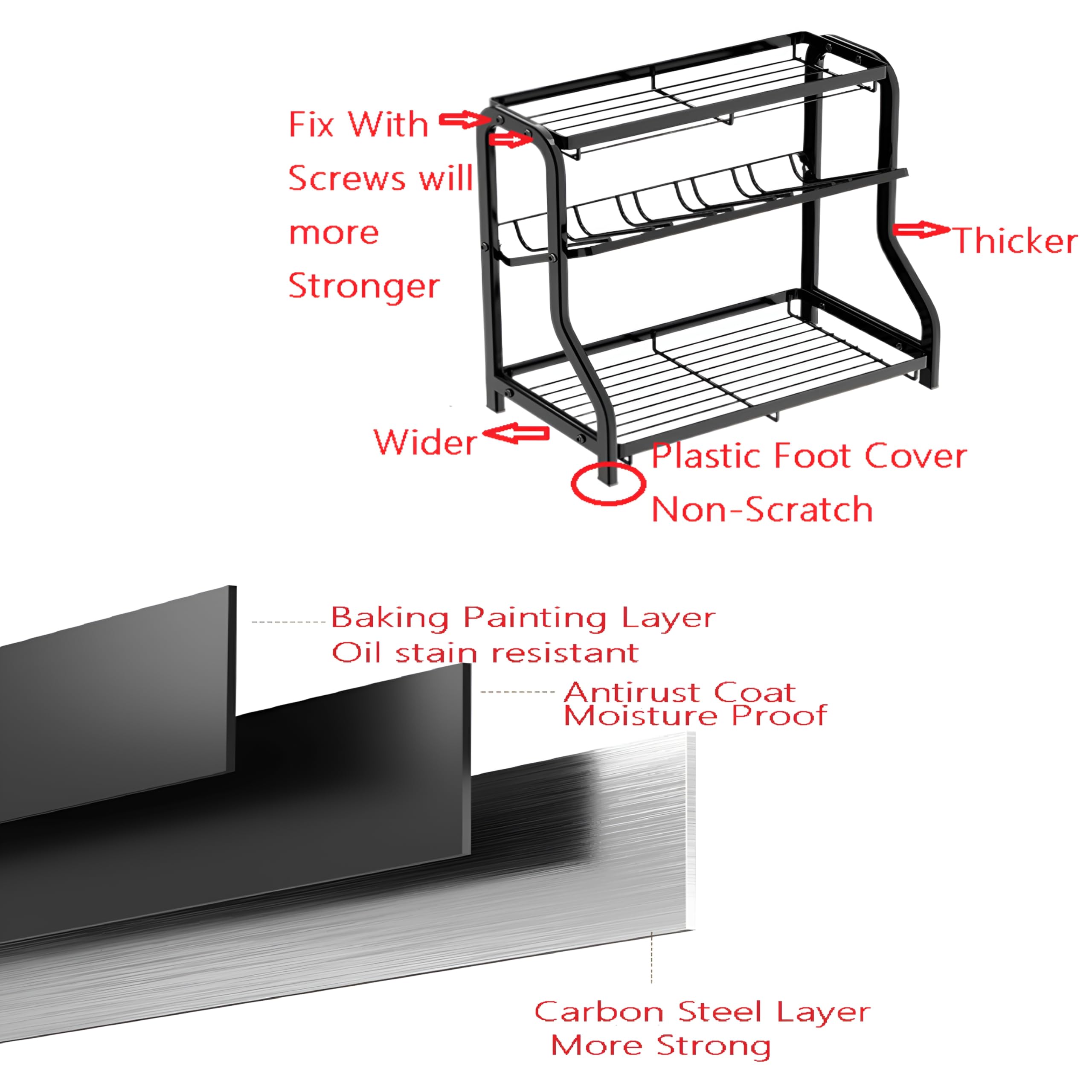 DadaoEC 3 Tier Countertop Organizer For Kitchen Black Steels Cooking oil bottle and Spice Seasoning Sauce storage rack Metal counter shelf for Cupboard