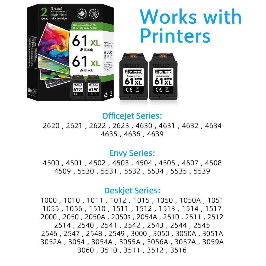 High Yield 61XL Black Ink Cartridge Compatible for HP 61 Ink Cartridge Compatible for HP Envy 4500 Ink fit for Envy 5530 5534 5535 DeskJet 1000 1010 2540 2541 3050 OfficeJet 4630 4635 2620 Printer