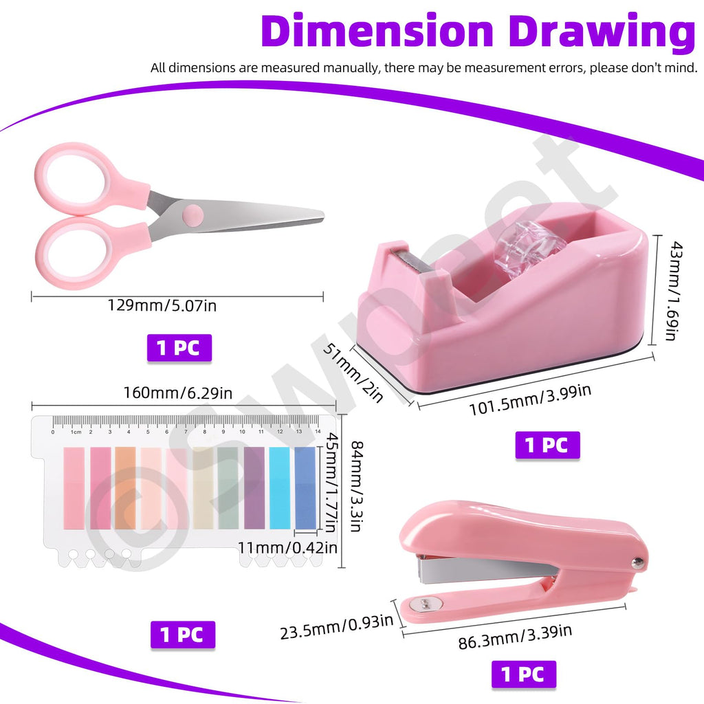Swpeet 9Pcs Pink Office Supplies Kit, Desk Accessories Including Stapler, Tape Dispenser, Staple Remover, Tabs, Scissors, Staples, Tape, Clips and Sticky Note Ideal for Office and School