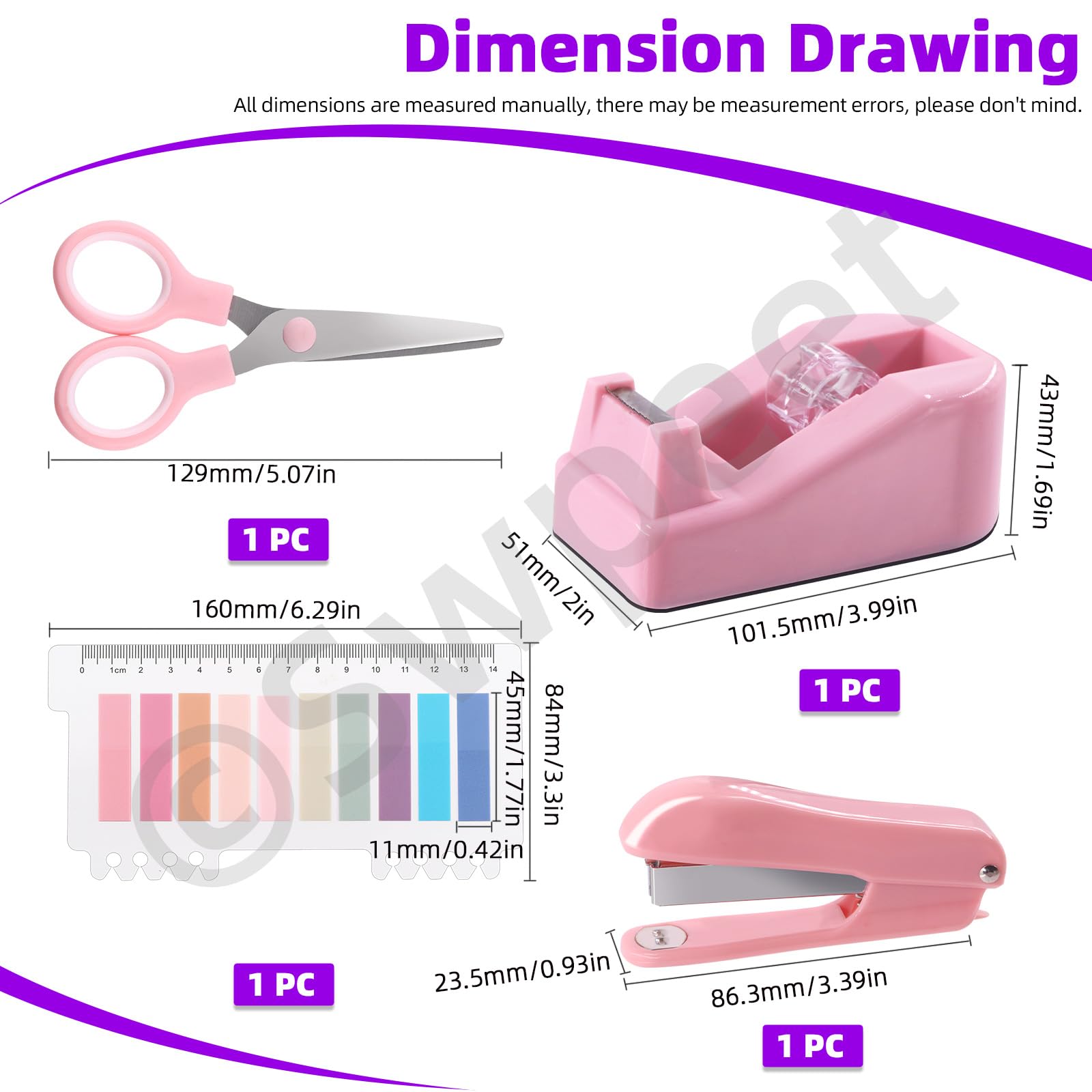 Swpeet 9Pcs Pink Office Supplies Kit, Desk Accessories Including Stapler, Tape Dispenser, Staple Remover, Tabs, Scissors, Staples, Tape, Clips and Sticky Note Ideal for Office and School