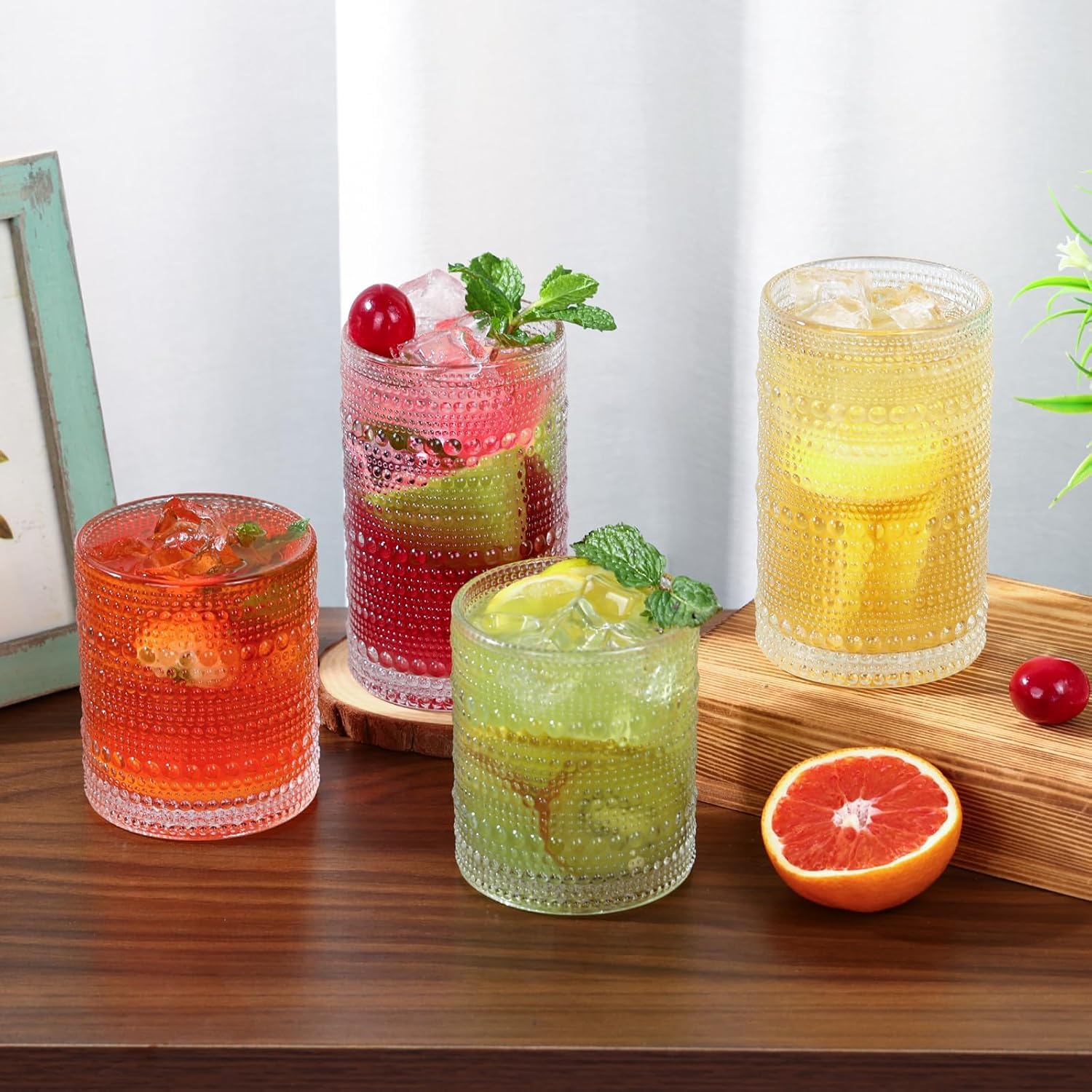 Hobnail Drinking Glasses Set of 8, 12 Oz Highball Glasses & 10 Oz Cocktail Glasses, Clear Embossed Boho Glass Cups Kitchen Bar Tumbler Glassware Set for Whiskey, Beer, Juice, Milk