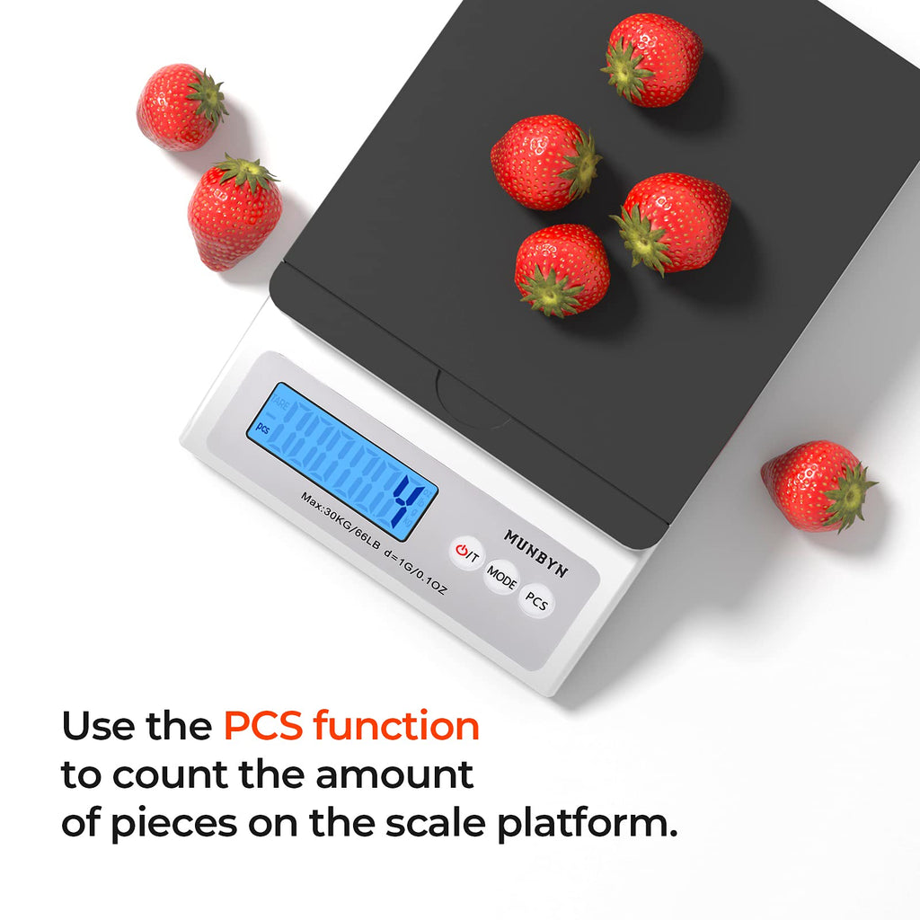 MUNBYN Digital Shipping Postal Scale, 30kg/66lbs, 1g Accuracy, Mail Scale for Packages, with Soft Tape Measure and Foldable Parcel Stand, Hold and Tear Function for Parcel Shipping Packet Postage