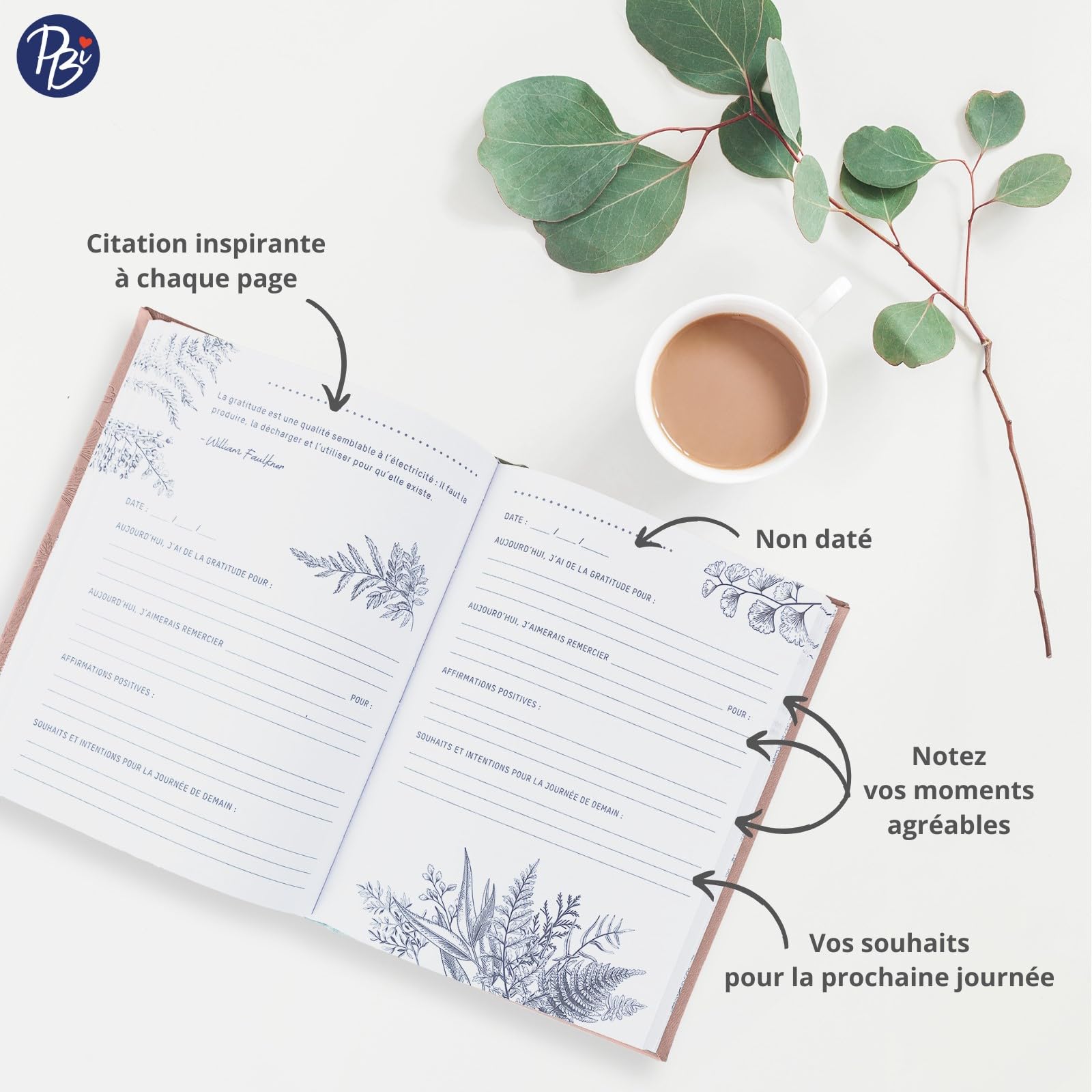Pierre Belvédère - Journal de Gratitude non daté 6.5” x 8.5” Pu Rose - Bien-être, confiance en soi, pensée positive, estime de soi - 5500275
