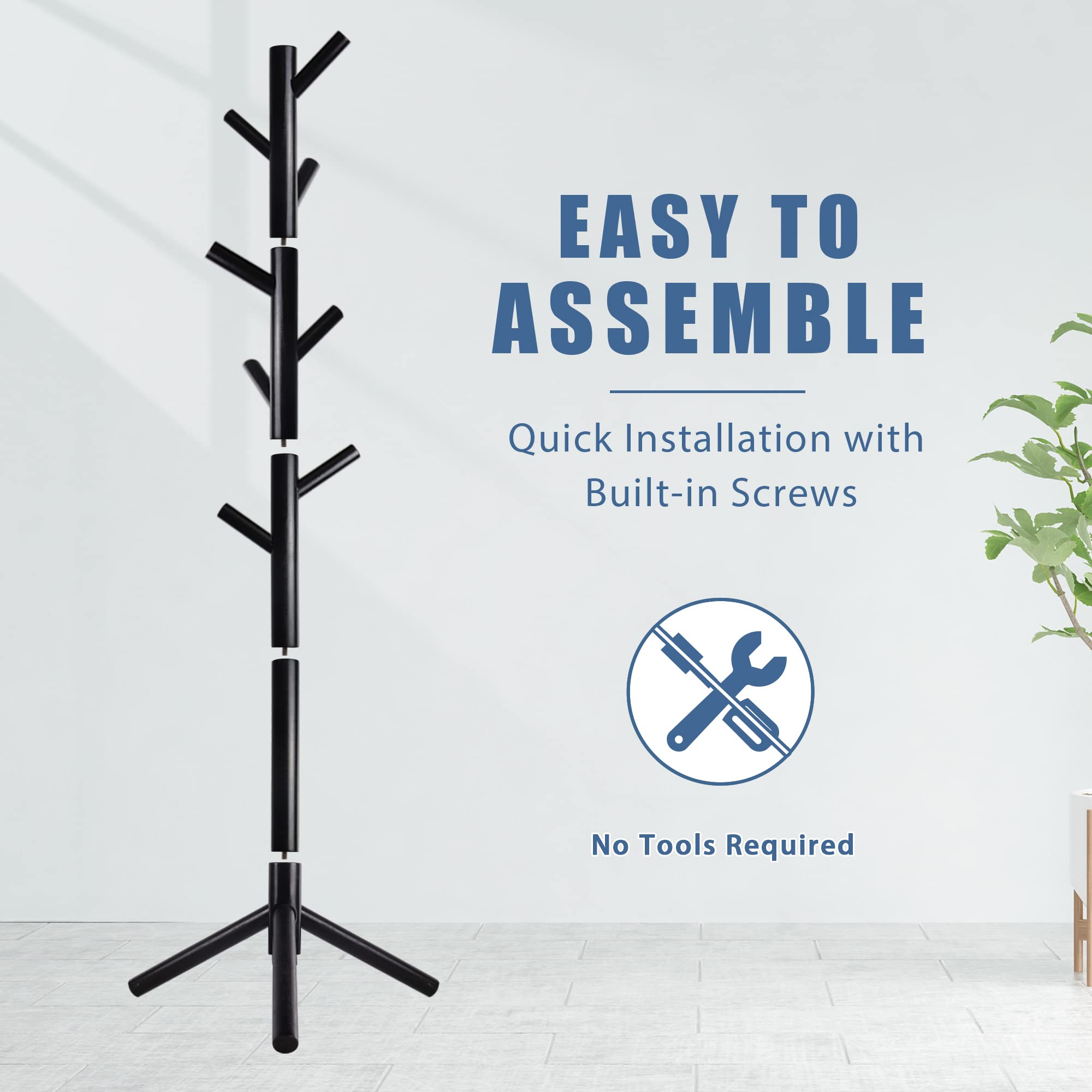 Haddockway Wooden Coat Rack Stand with 8 Hooks New Zealand Pine Adjustable Coat Standing Tree Easy Assembly for Coats, Hats, Scarves and Handbags for Entryway, Hallway, Bedroom, Office (Black)