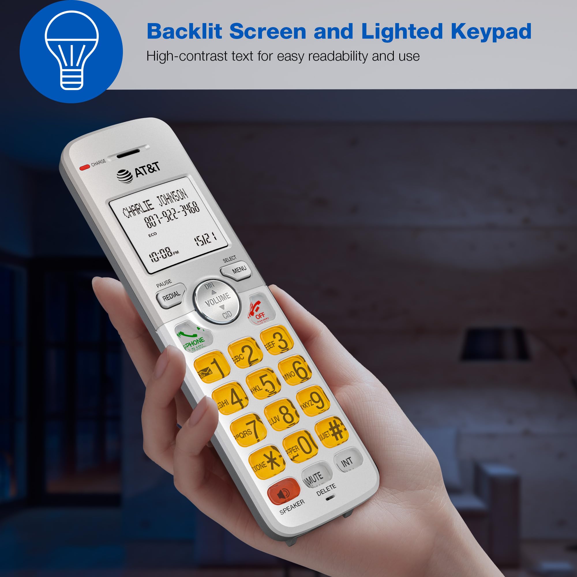 AT&T 1-Handset DECT 6.0 Cordless Home Phone with LCD Display, Lighted Keypad, Caller ID/Call Waiting, Simulated Full-Duplex Handset Speakerphone, Eco Mode, Voicemail Key, Quiet Mode, Intercom, EL51103