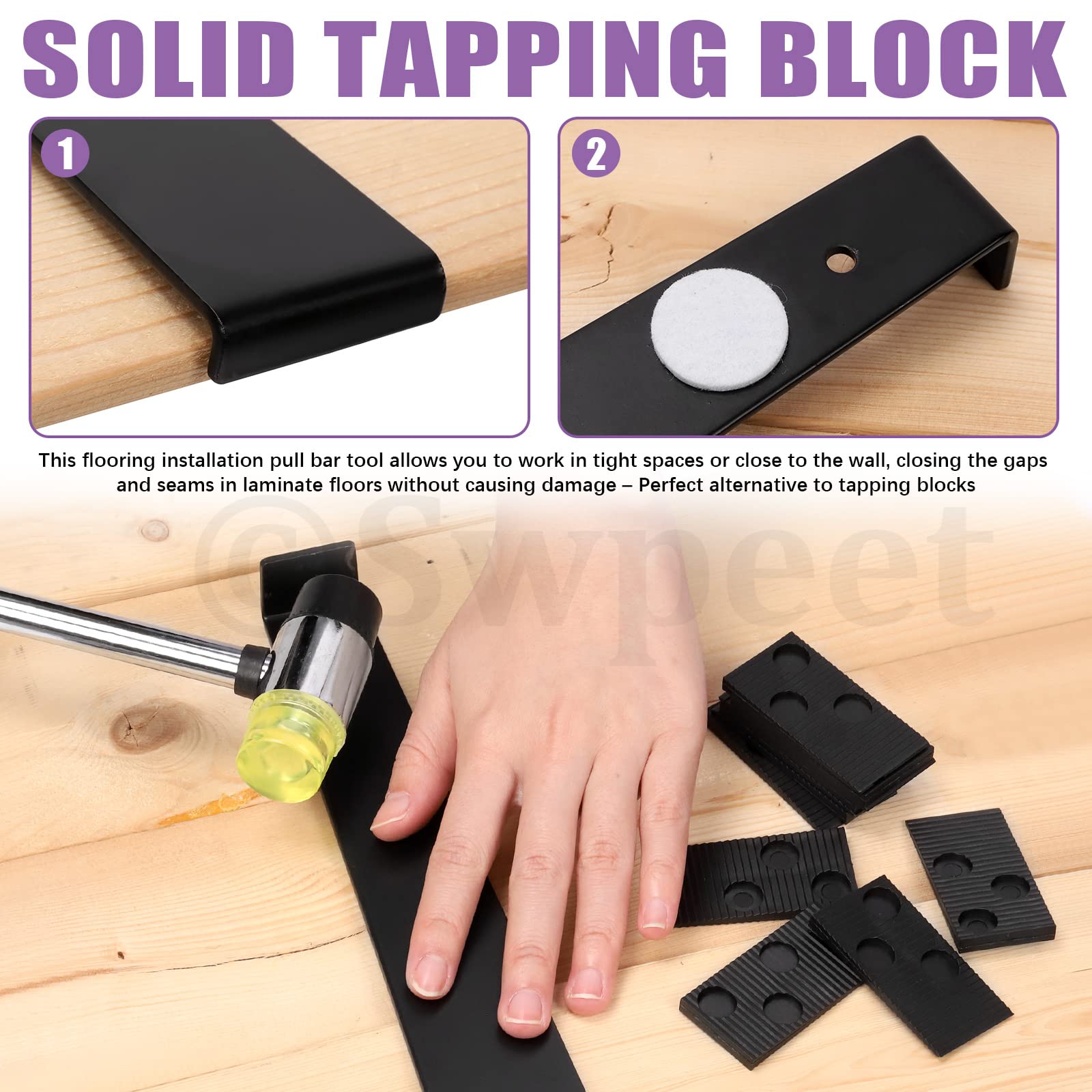 Swpeet 33Pcs Laminate Wood Flooring Installation Kit, Including Heavy Duty Double-Faced Mallet with Non Slip Soft Handle, Upgraded Pull Bar with Tapping Block and 30Pcs Spacers