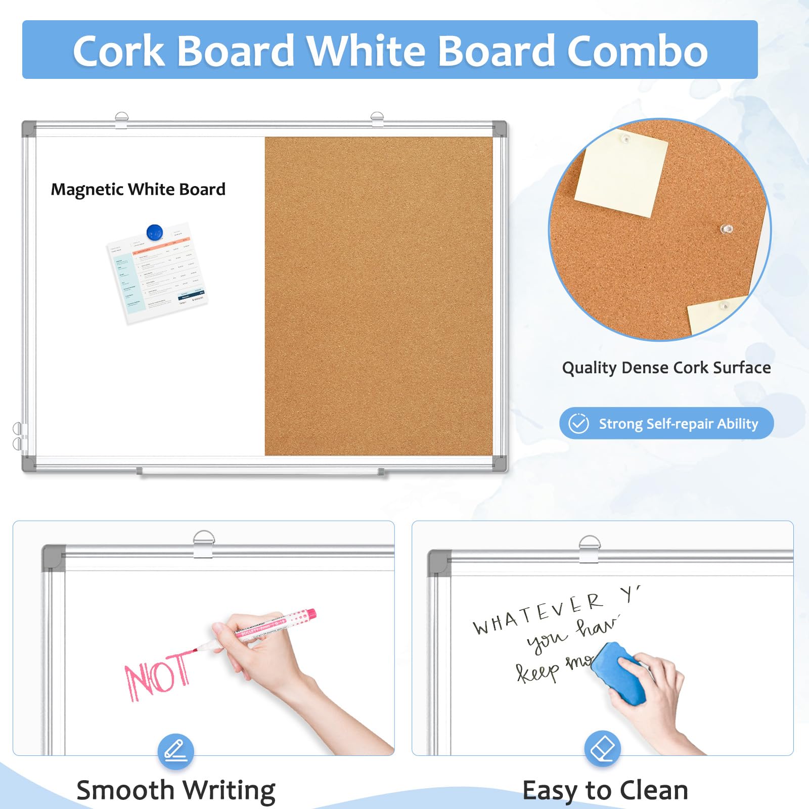 AMUSIGHT Double-Sided Combination Magnetic White Board & Cork Board, 24" x 18" Dry Erase Board & Cork Board Combo for Wall, Hanging Whiteboard for Planning, Kitchen, Memo, School, Home, Office