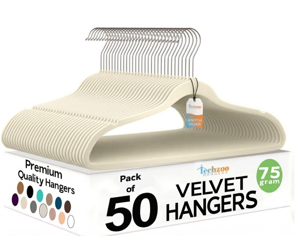 Techzoo Premium Ivory Velvet Hangers 50 Pack - Space Saving Felt Hanger, Non Slip Clothes Hangers for Closet, Heavy Duty Coat Hanger with 360° Rotatable Hook, Hold Up to 10 lbs