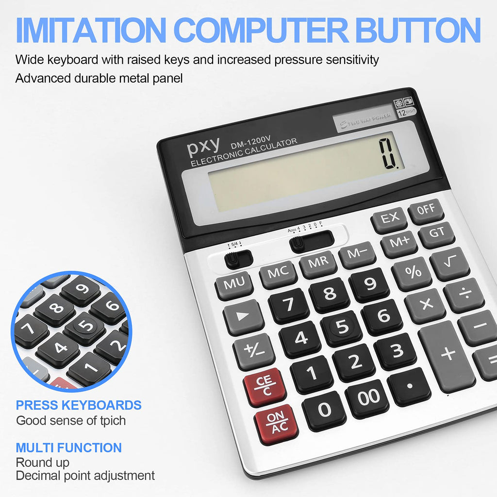 Large Desk Calculator Basic, Touch Comfortable with Large Buttons, PXY Two Way Power Battery and Solar Standard Function Office Calculators,12 Digit Calculatrice Large Display Clearly