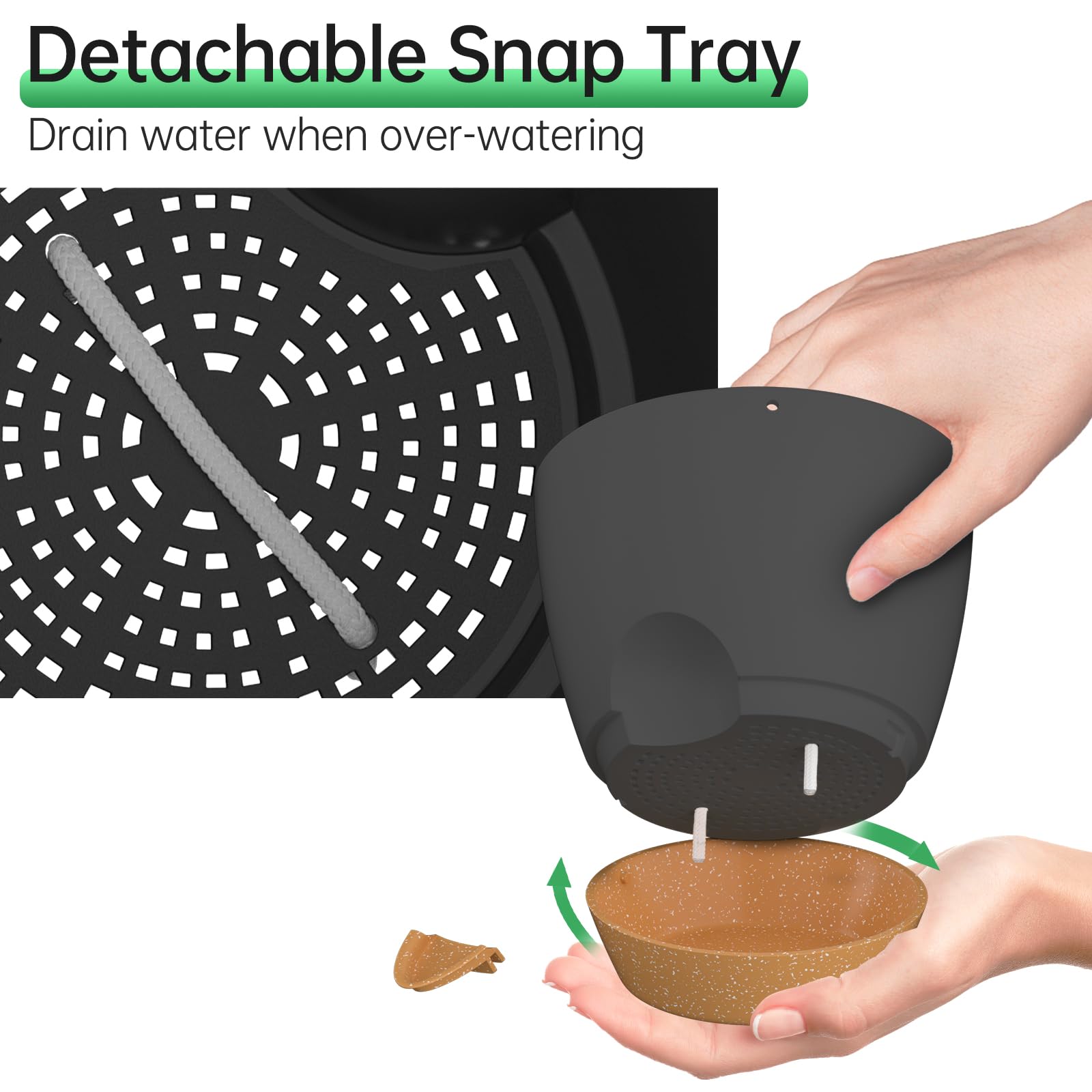 ZMTECH 6.5 Inch Hanging Planters for Indoor Outdoor Plants, 2 Pack Self Watering Hanging Plant Pots with Drainage Holes and Removable Saucer, Plastic Flower Hanging Pots with Watering Lip (Black)