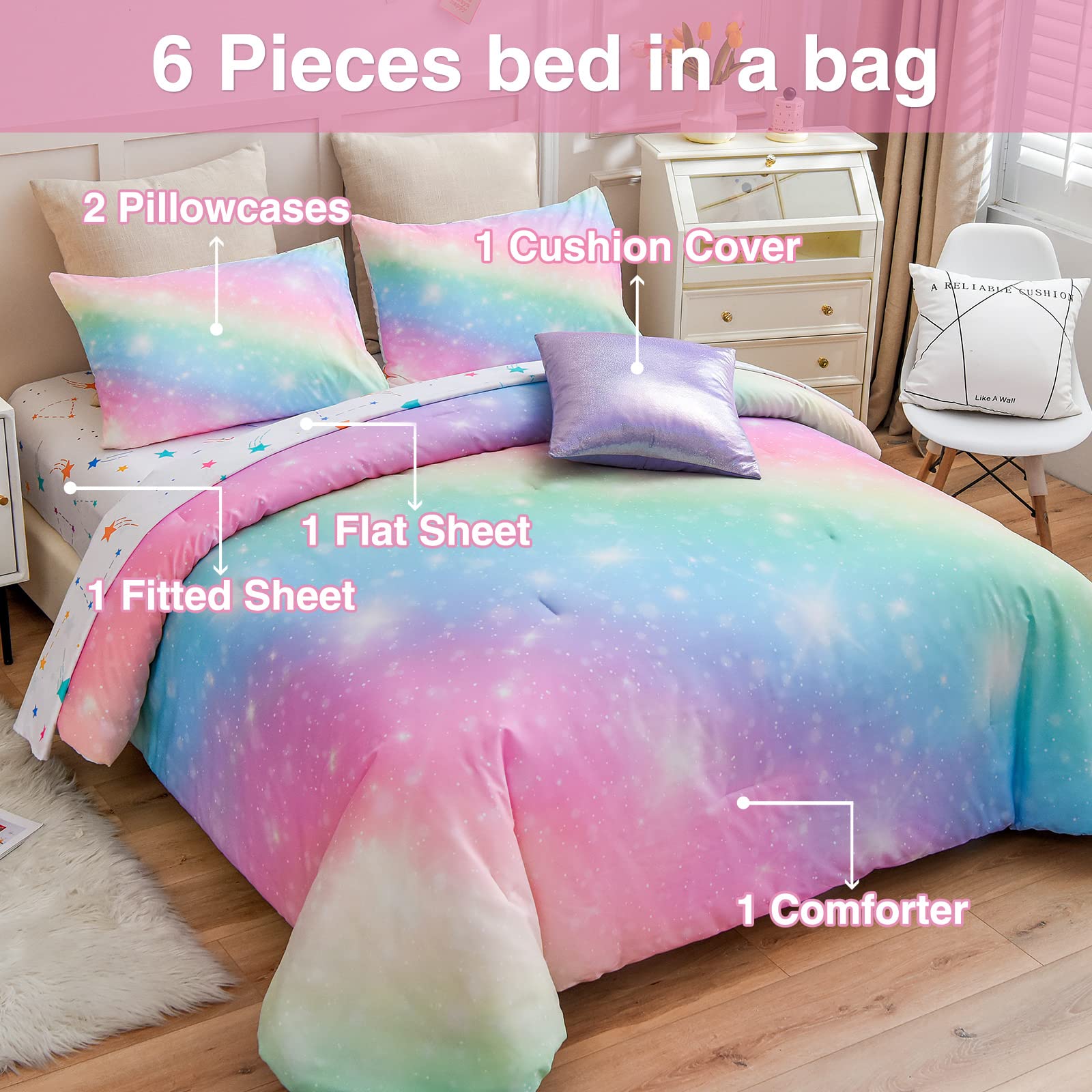 A Nice Night 6Pcs Gradient Glitter Bedding Set for Girls Twin Size, Colorful Rainbow Galaxy Comforter Set, Ultra Soft Bedding Sets, Pink