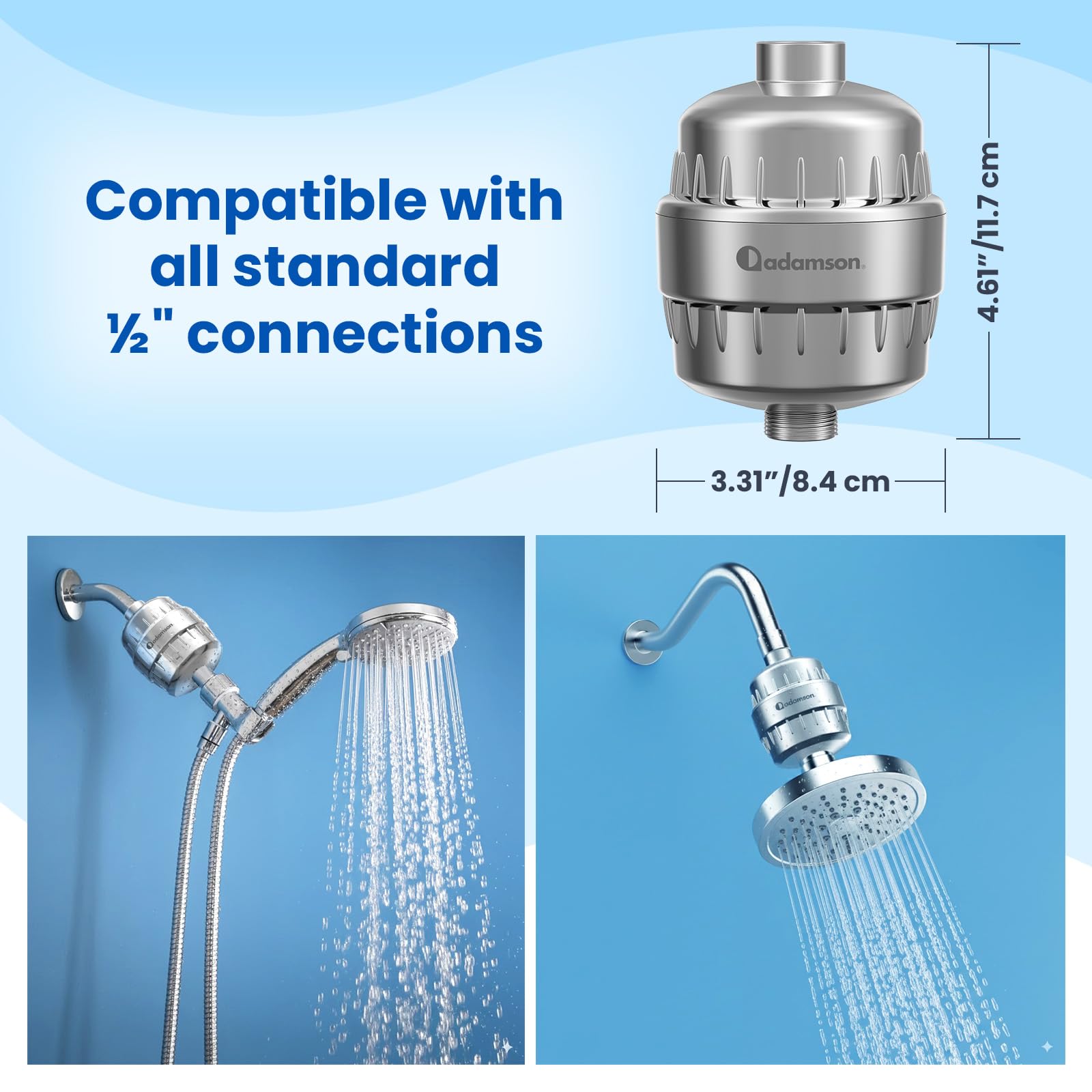 Adamson Shower Filter for Hard Water – 36-Stage High Output Filtered Shower Head/Filtre de Douche, Reduces Chlorine & Heavy Metals – Improves Skin & Hair – Easy Install – Extra Cartridge Included