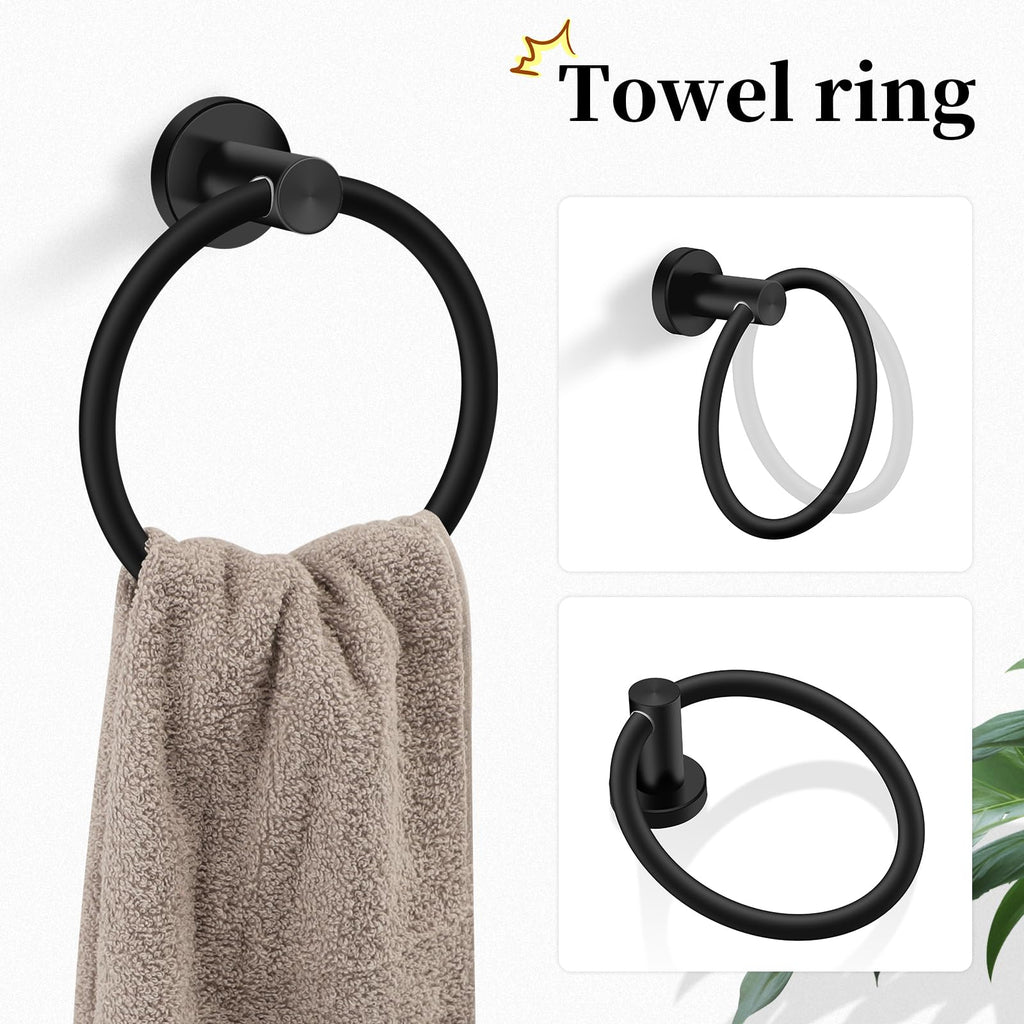 Ntipox Matte Black Bathroom Hardware Set 5 Piece, Stainless Steel Towel Bar Set 24 Inch,Toilet Paper Holder,Towel Ring Holder,Towel Rack Set,Black Bathroom Accessories Kit