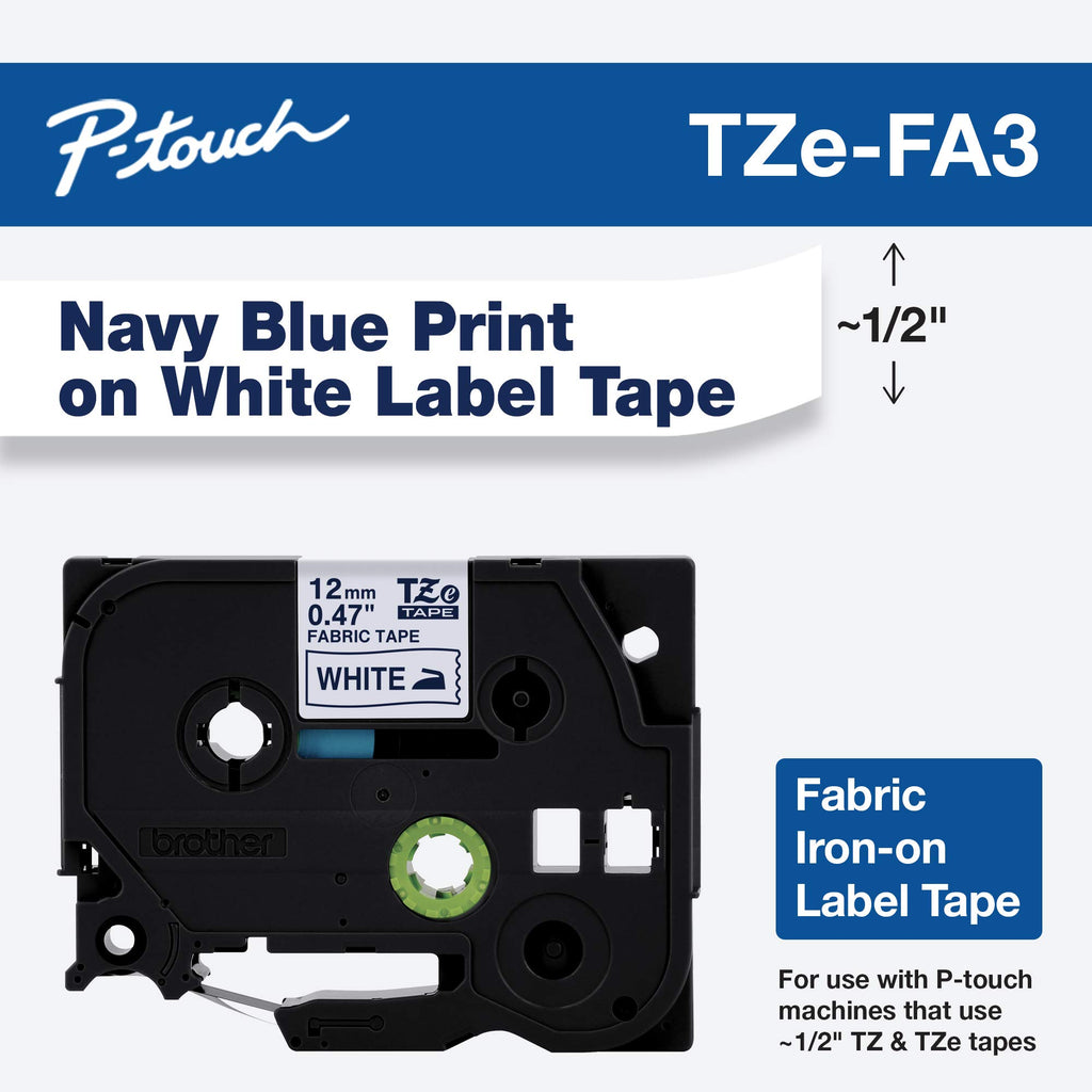 Brother Genuine TZeFA3 Navy on White Fabric Iron-on 12 mm Tape for P-Touch Label Makers