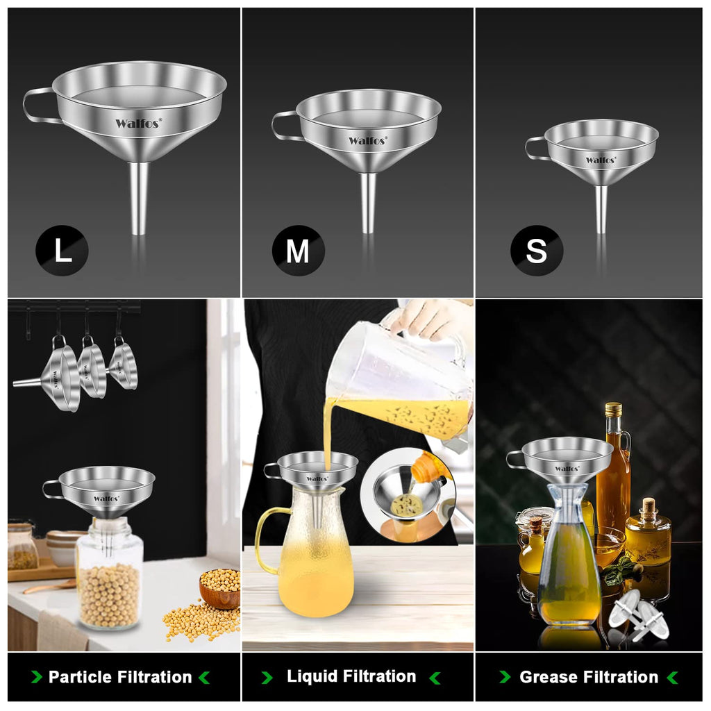 Walfos Stainless Steel Funnel Kitchen Set 3 Pack Funnels with 2 Removable Strainer Filter for Transferring of Liquid, Fluid, Cooking Oils, Jam, Dry Ingredients & Powder and 1 Pcs Cleaning Brush