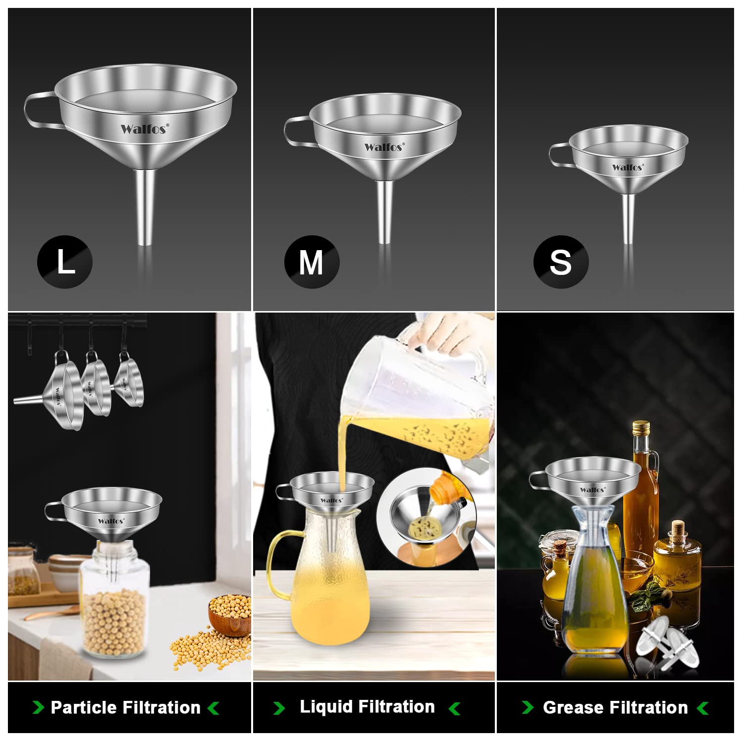 Walfos Stainless Steel Funnel Kitchen Set 3 Pack Funnels with 2 Removable Strainer Filter for Transferring of Liquid, Fluid, Cooking Oils, Jam, Dry Ingredients & Powder and 1 Pcs Cleaning Brush