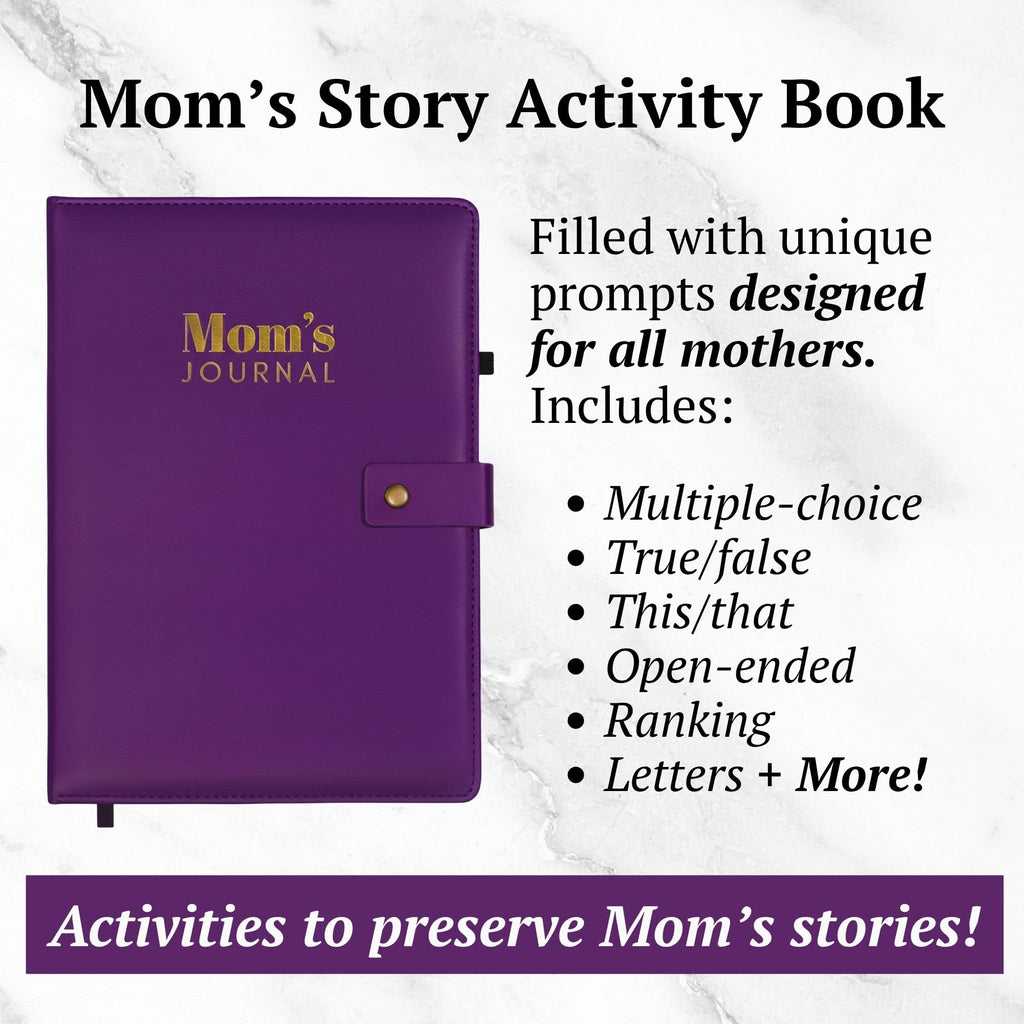 Jamsify Studios 4-in-1 Mom’s Story Activity Journal (Hardcover) – 500+ Prompt Vegan Leather Activity Book with Prompts, Stories, and Games – Family Keepsake for a Mother’s Life Memories – B5 Size, 200+ Pages – Life Story Memory Book with Guided Questions