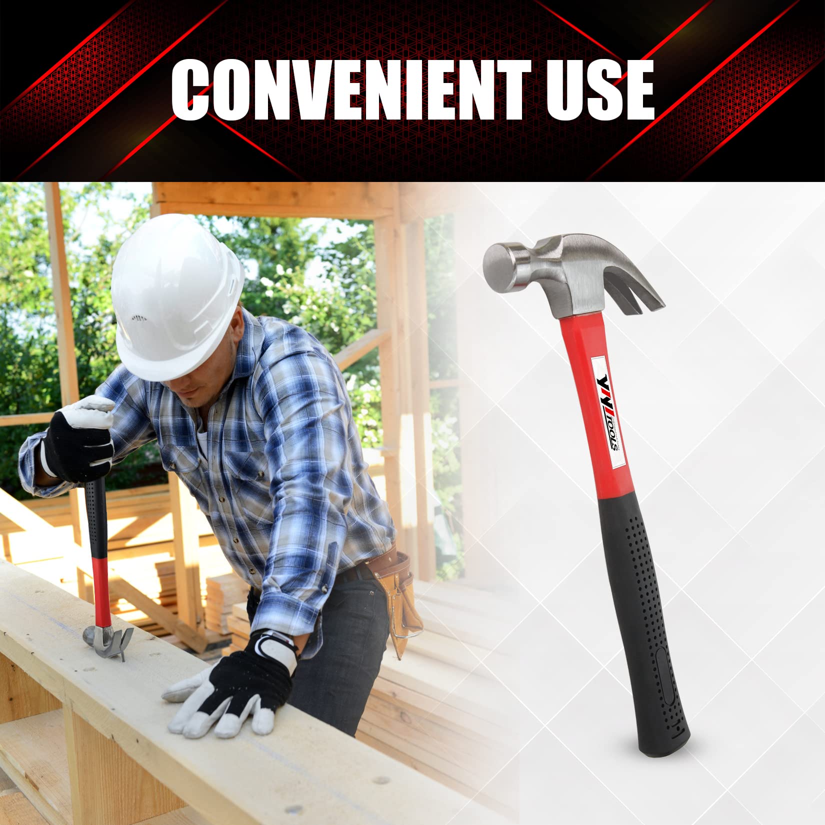 YIYITOOLS Claw Hammer with Fiberglass Handle – 16-oz, Red and Black (YY-1-003)
