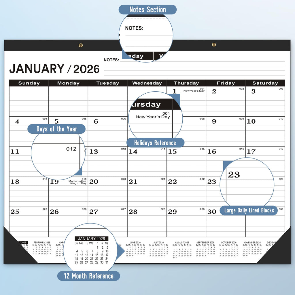 Desk Calendar 2026,January 2026 to June 2027,Desk calendar 2026-2027 Large 22x17, Calendar 2026 with PVC Cover,Round Holes& NOTES List (Black),18 Months 2026 Desk Calender.