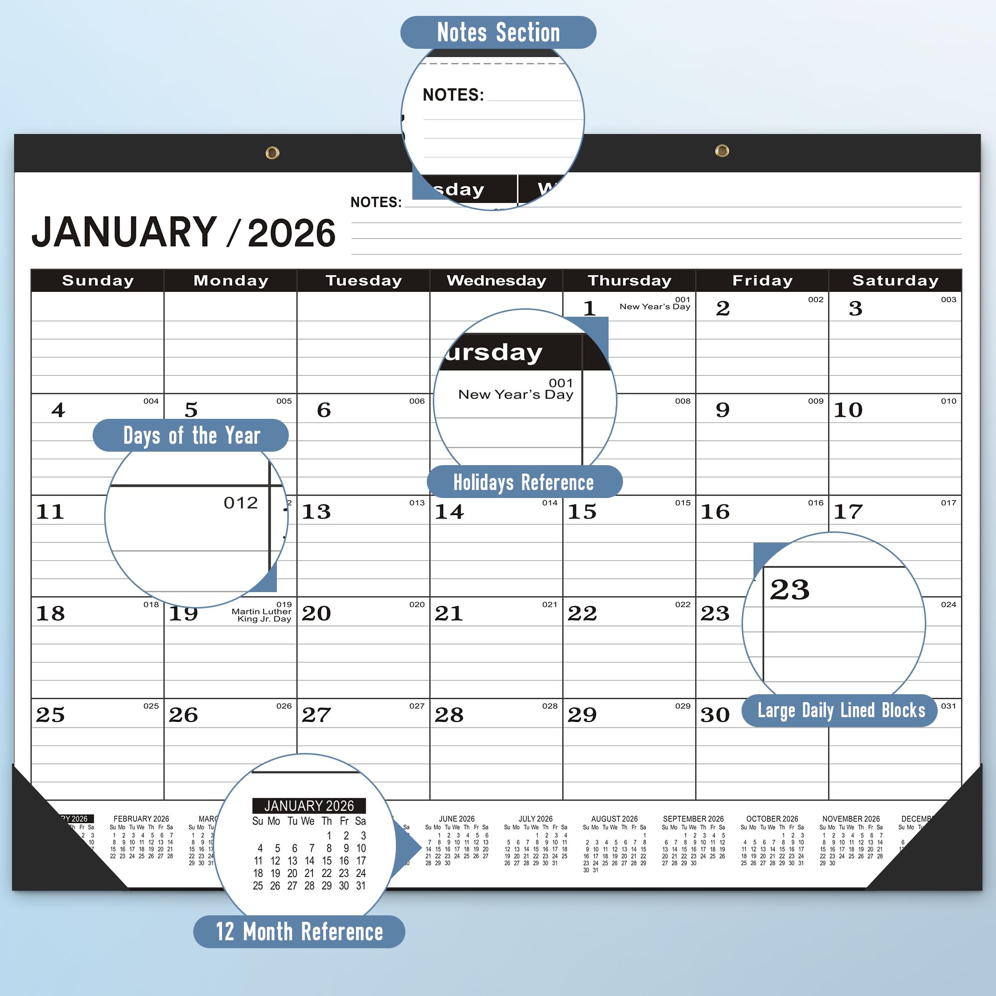 Desk Calendar 2026,January 2026 to June 2027,Desk calendar 2026-2027 Large 22x17, Calendar 2026 with PVC Cover,Round Holes& NOTES List (Black),18 Months 2026 Desk Calender.