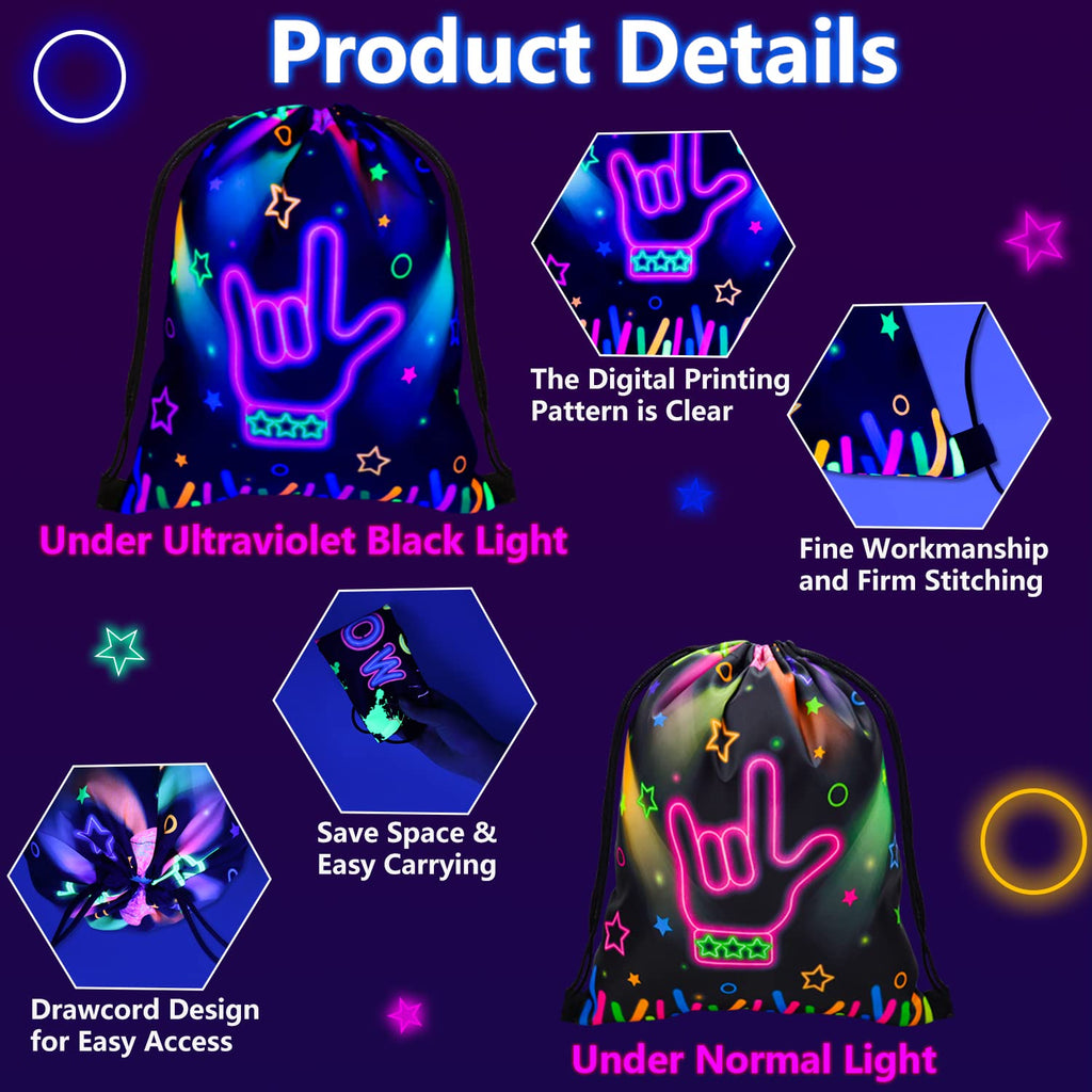 12 Pcs Neon Drawstring Gift Bags Glow Backpacks Goodie Bags Glow Party Supplies Favor Bags for Birthday Party Let’s Glow Party Decorations Glow in The Dark Party Supplies