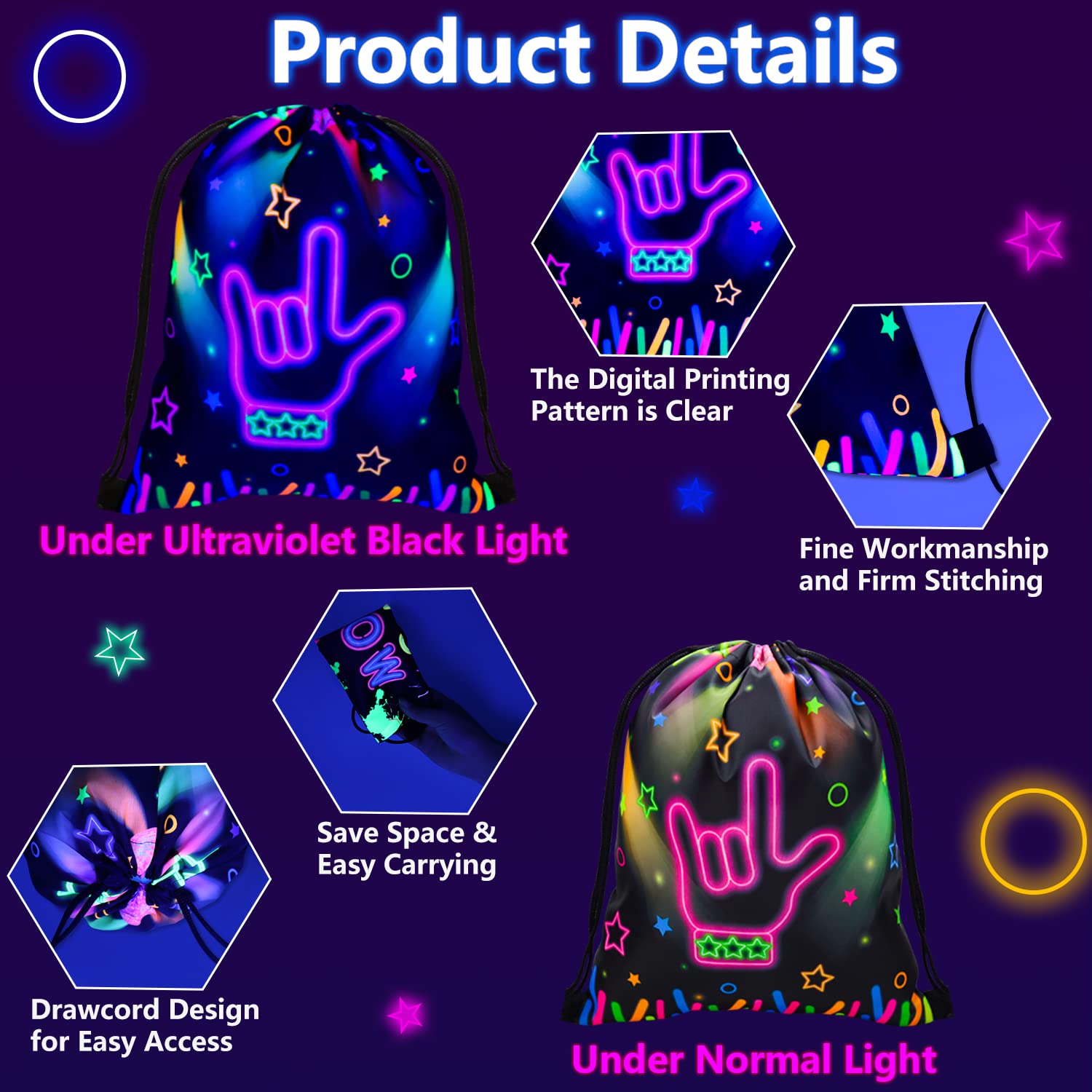 12 Pcs Neon Drawstring Gift Bags Glow Backpacks Goodie Bags Glow Party Supplies Favor Bags for Birthday Party Let’s Glow Party Decorations Glow in The Dark Party Supplies