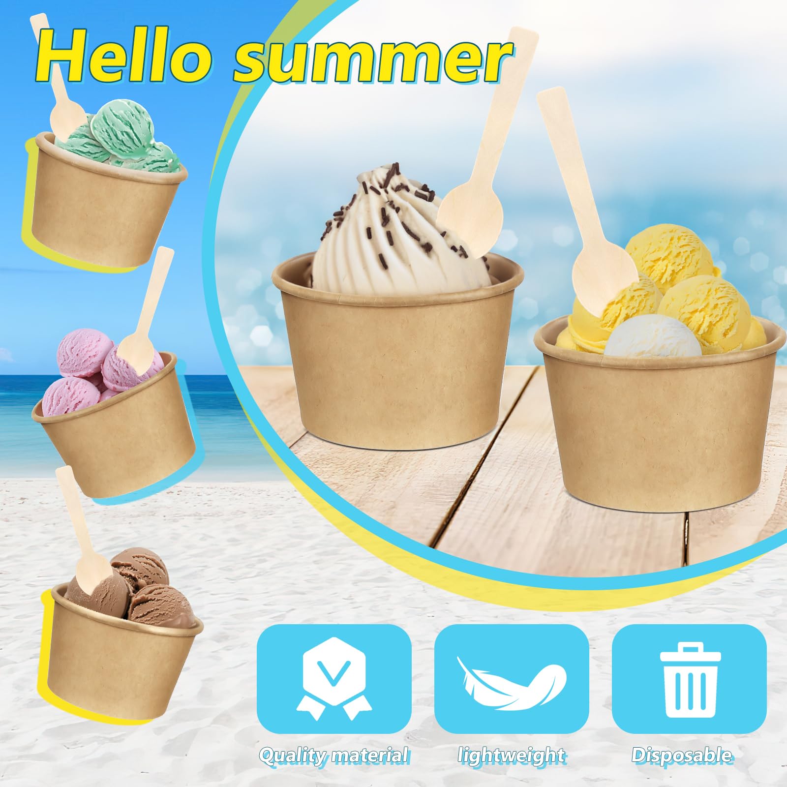 100 Pack Ice Cream Bowls, Kraft Paper Dessert Cups with Wooden Spoons, Disposable Sundae Bowls, Ice Cream Containers for Cold and Hot Food, Sundae Bar, Birthday, Graduation, Party Supplies