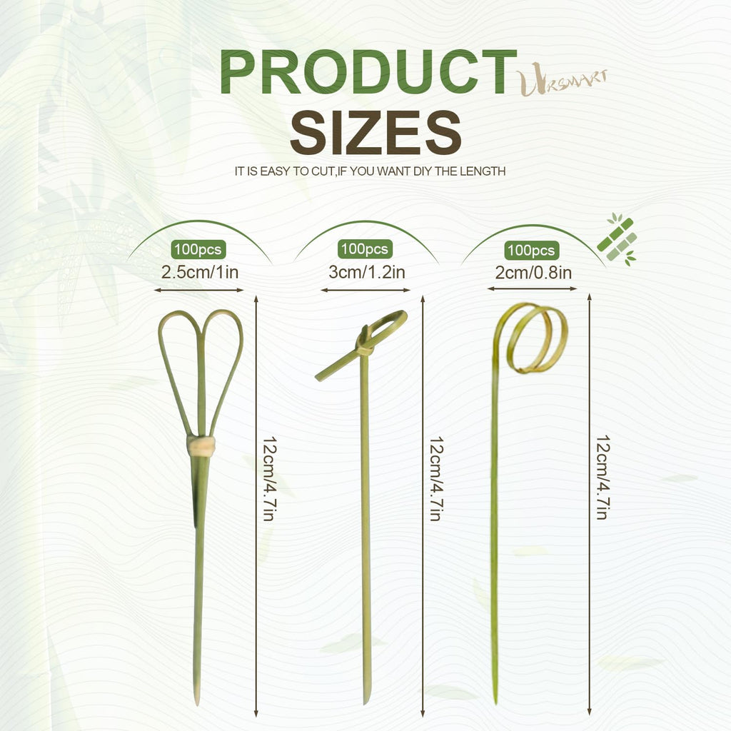 URSMART 300PCS Bamboo Cocktail Picks,Toothpicks for Appetizers 4.7Inch Appetizer Picks,Bamboo Handmade Skewers with Loop,Knot&Scissors for Appetizers,Cocktail Drinks,Barbecue(Every Style 100PCS)