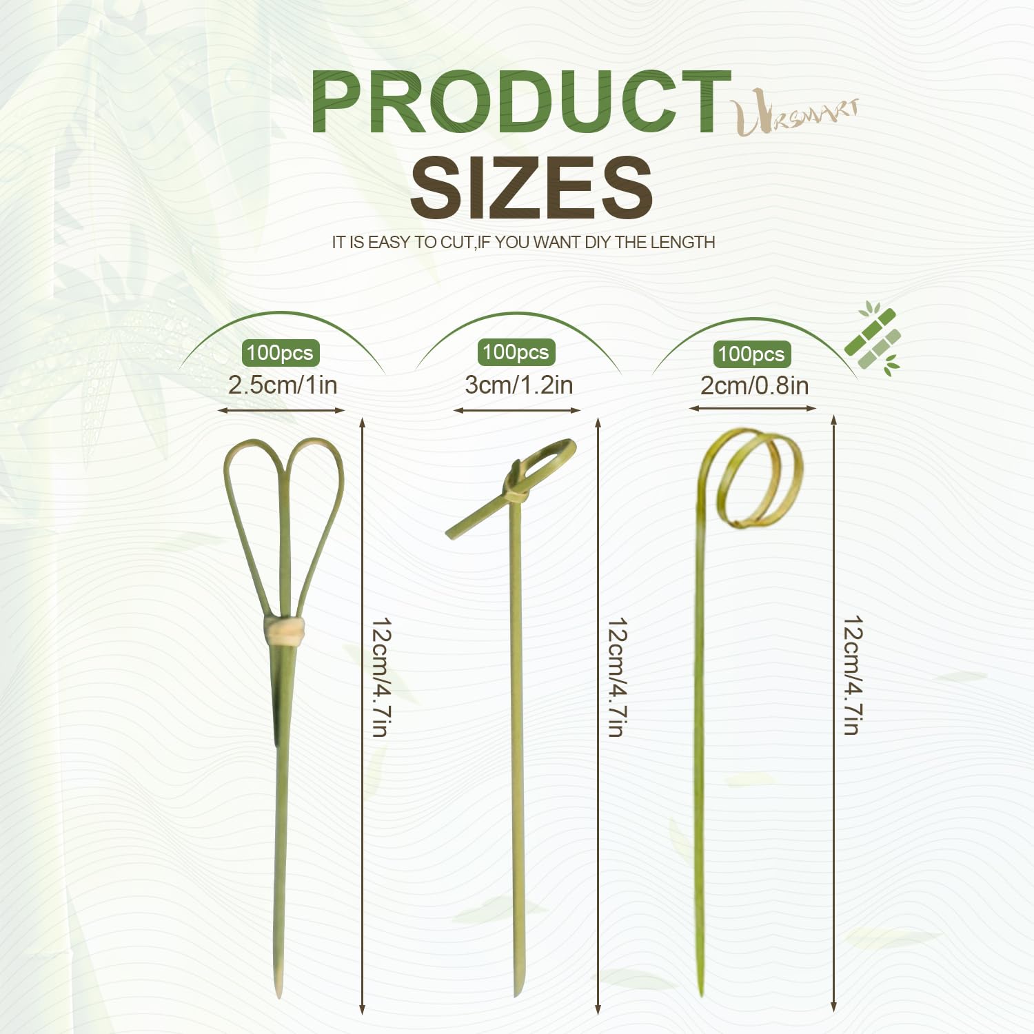 URSMART 300PCS Bamboo Cocktail Picks,Toothpicks for Appetizers 4.7Inch Appetizer Picks,Bamboo Handmade Skewers with Loop,Knot&Scissors for Appetizers,Cocktail Drinks,Barbecue(Every Style 100PCS)