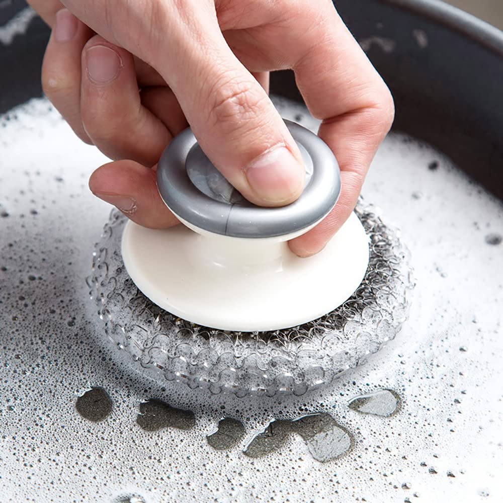 2Pcs Stainless Steel Wool Scrubber with Handle, Dish Scrubber Cleaning Supplies for Pots, Pans, Grills, Dishes