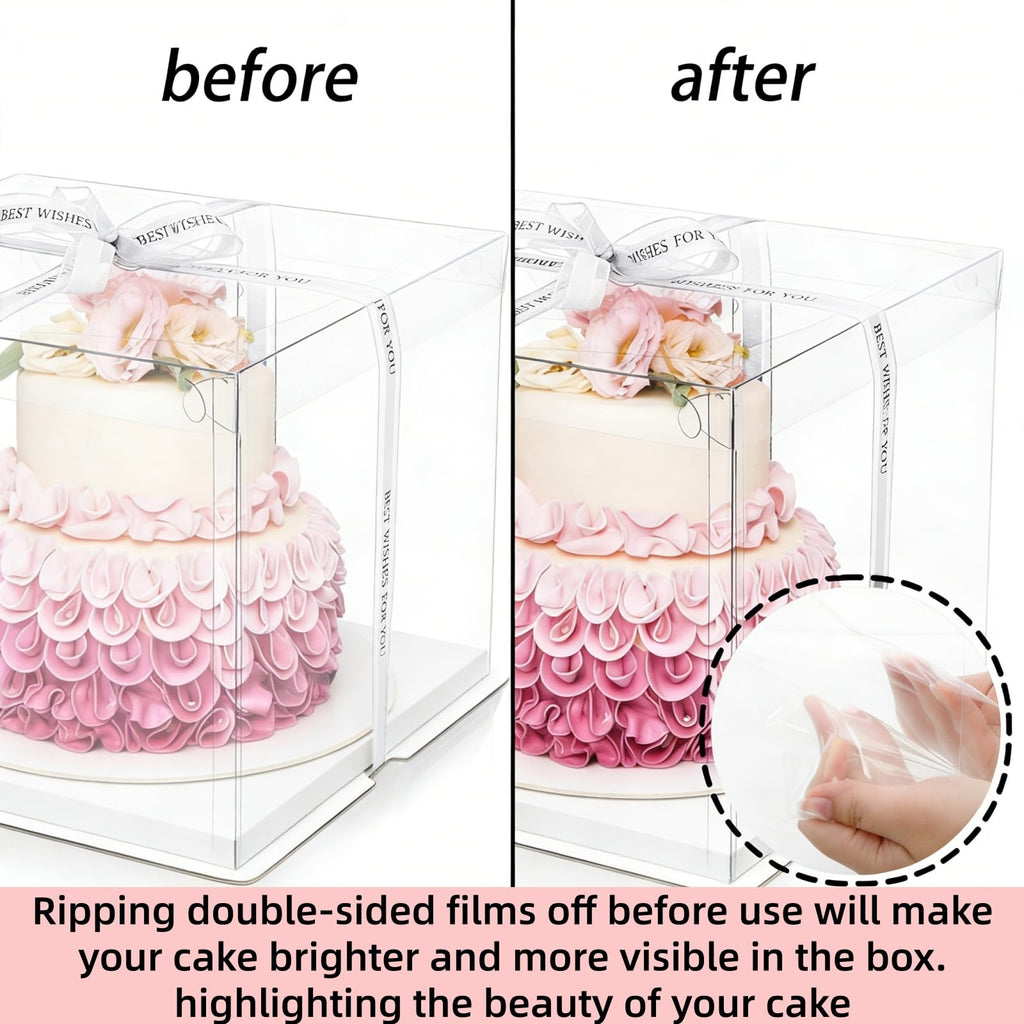 Cididu 6 Pcs Clear Cake Box with Ribbon 2-Layer 10x10x10 Inch, Transparent Cake Carrier Box with Lids, PET Tall Cake Packaging Boxes, Clear Gift Boxes for Birthday, Wedding and Festival Party