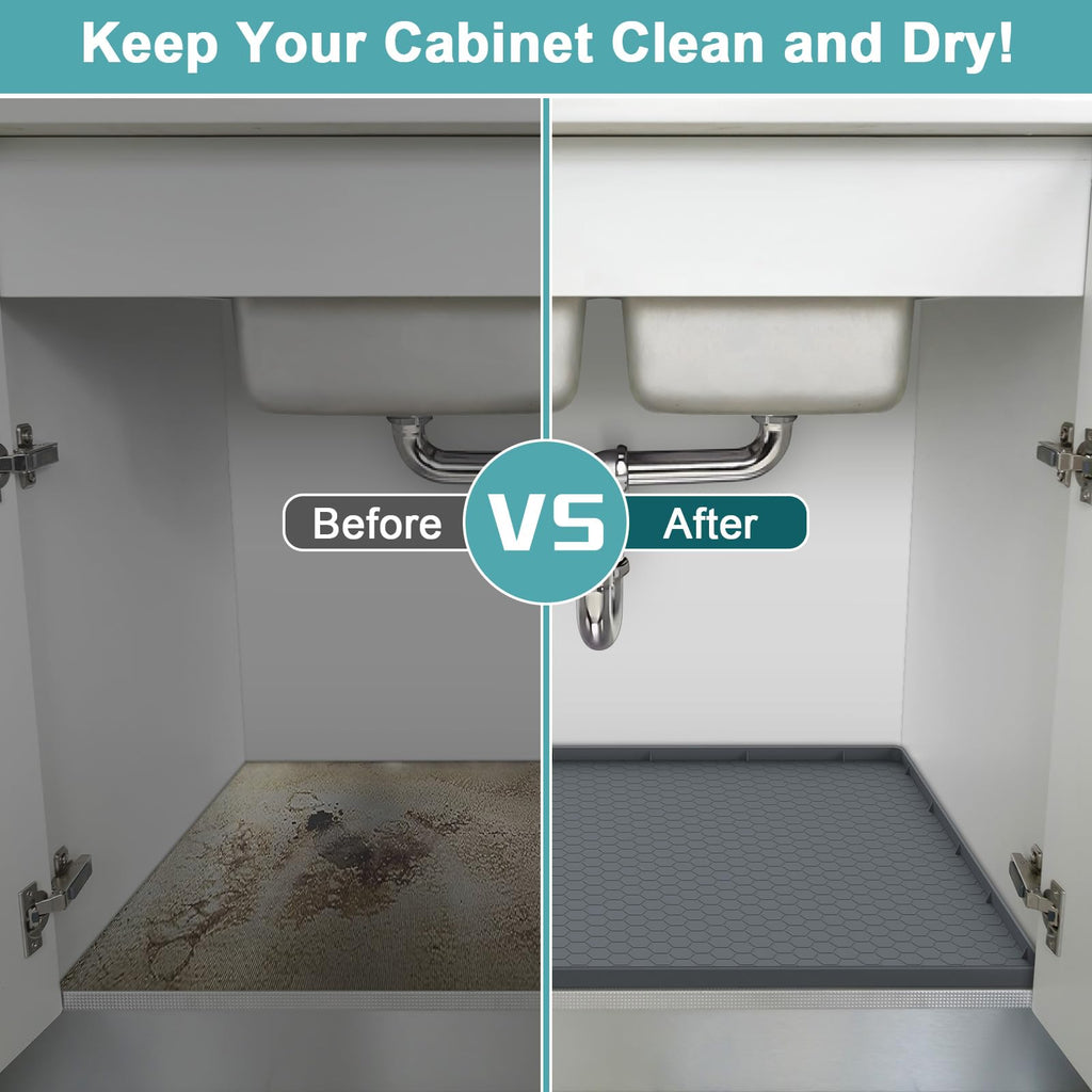 Under Sink Mats for Kitchen Waterproof, Silicone Under Kitchen Sink Mats and Protectors for 34" x 22" Cabinets, Under Sink Tray Organizer, Shelf Liners Cabinet Liner for Kitchen and Bathroom, Gray