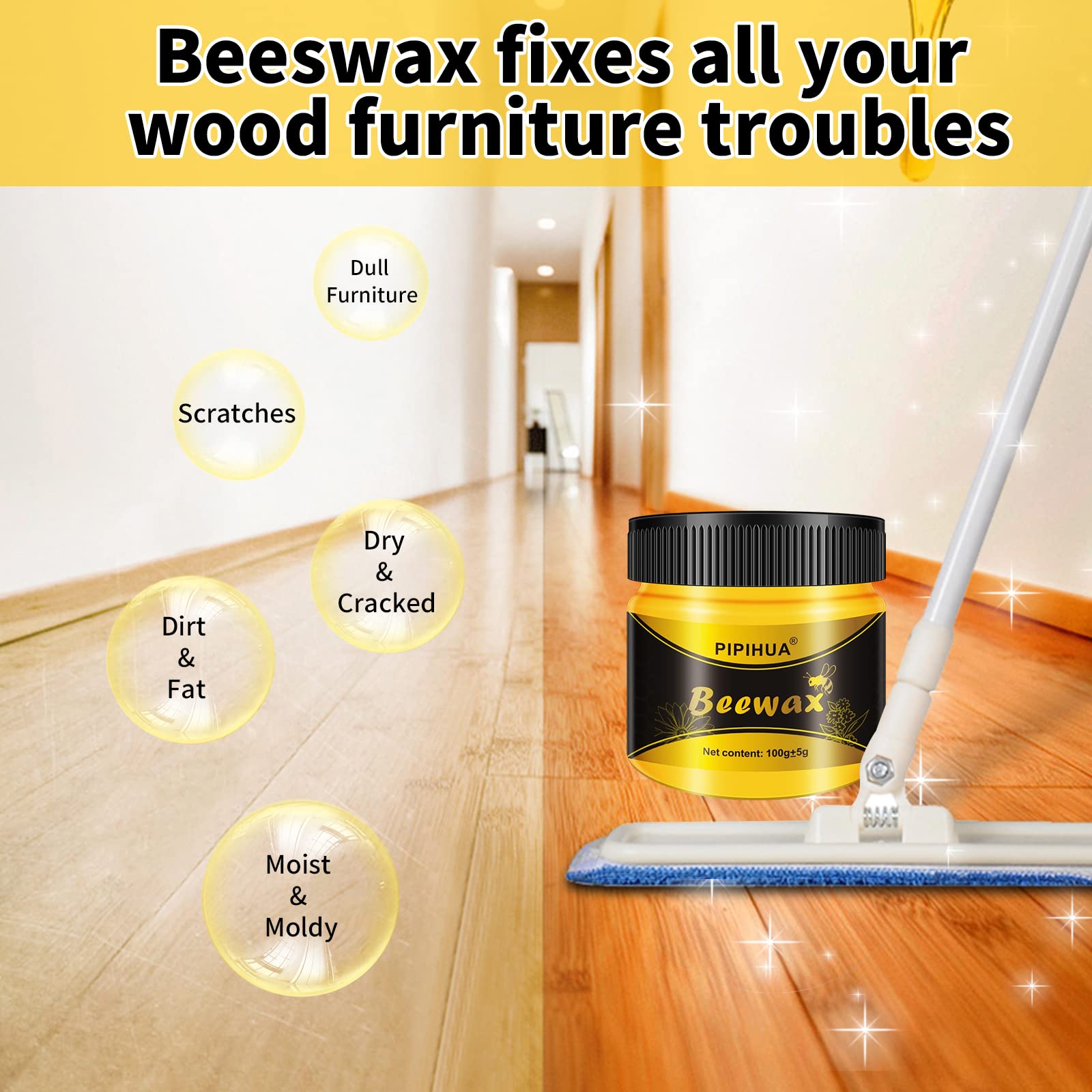 PIPIHUA Beeswax Furniture Polish, Wood Seasoning Beeswax for Furniture Waterproof & Repair Wood Wax for Floors Cabinets to Protect & Care, 4pcs Wax Polish with 8pcs Sponges