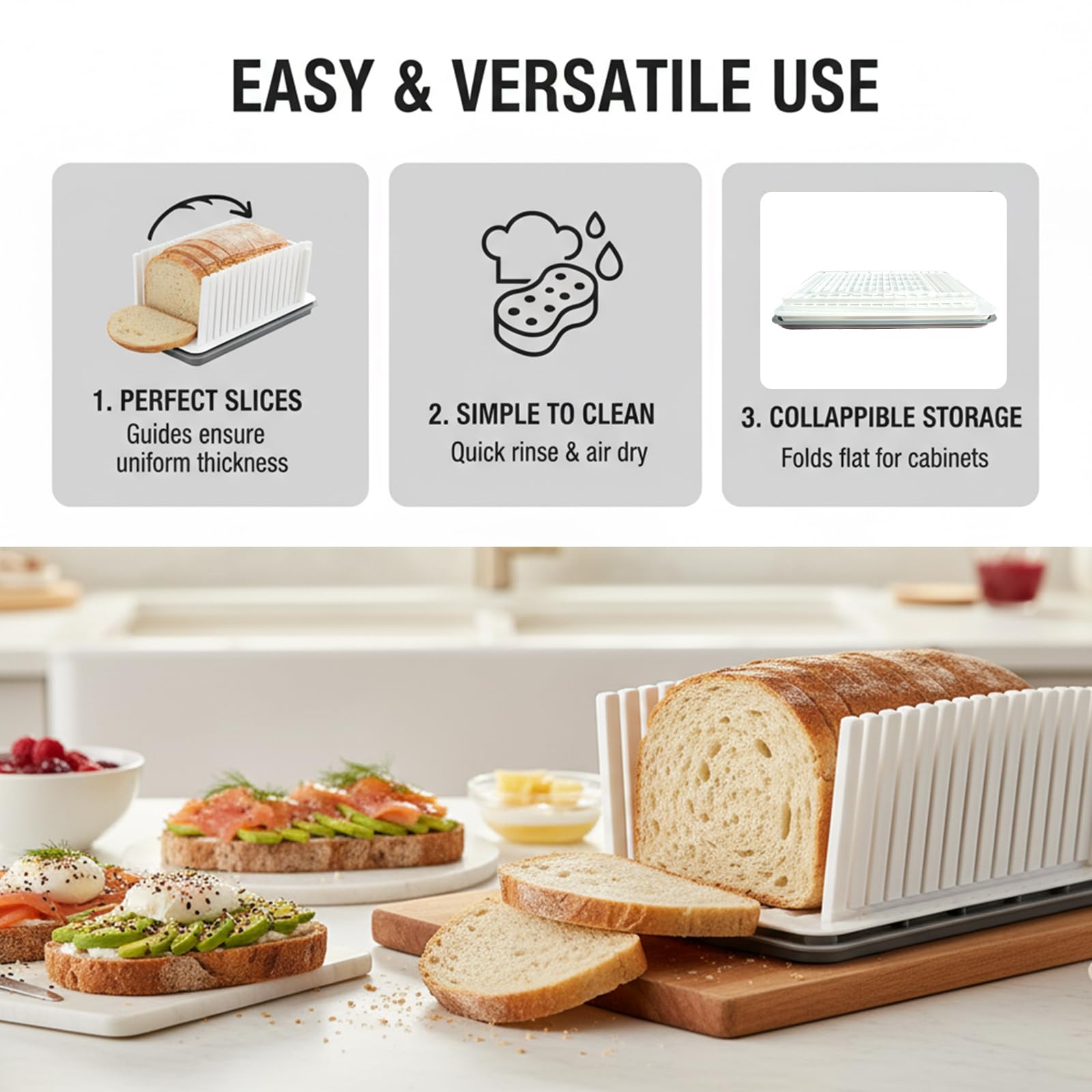 New Upgrade Bread Slicer for Homemade Bread, Adjustable Width, Foldable and Compact Cutting Guide with Crumb Tray, Suitability for Homemade Bread, Bagels, Cakes