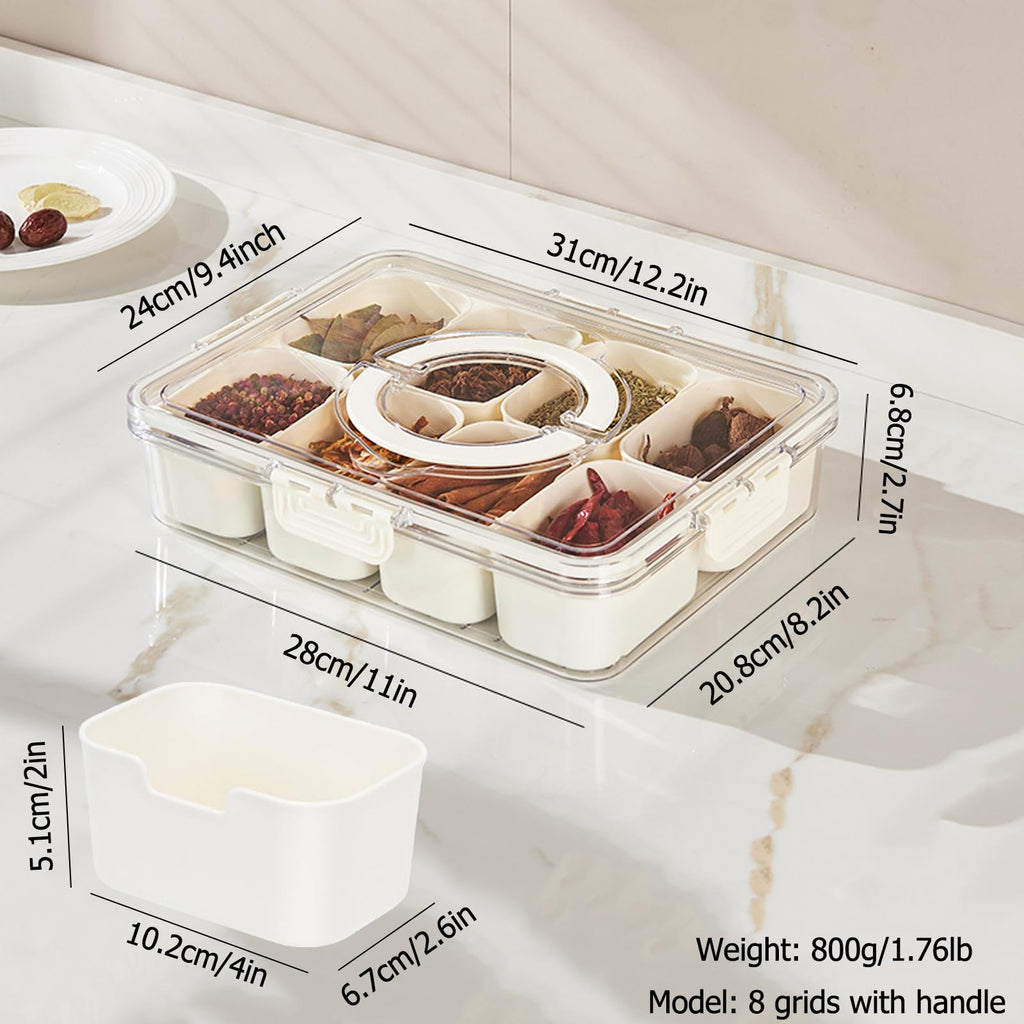 KIGITIONE Divided Snackle Box, 8 Compartments Portable Serving Tray with Lid and Handle, Clear Snack Platter Organizer for Fruits, Snacks, Nuts, Candy, Ideal for Party, Travel & Picnics