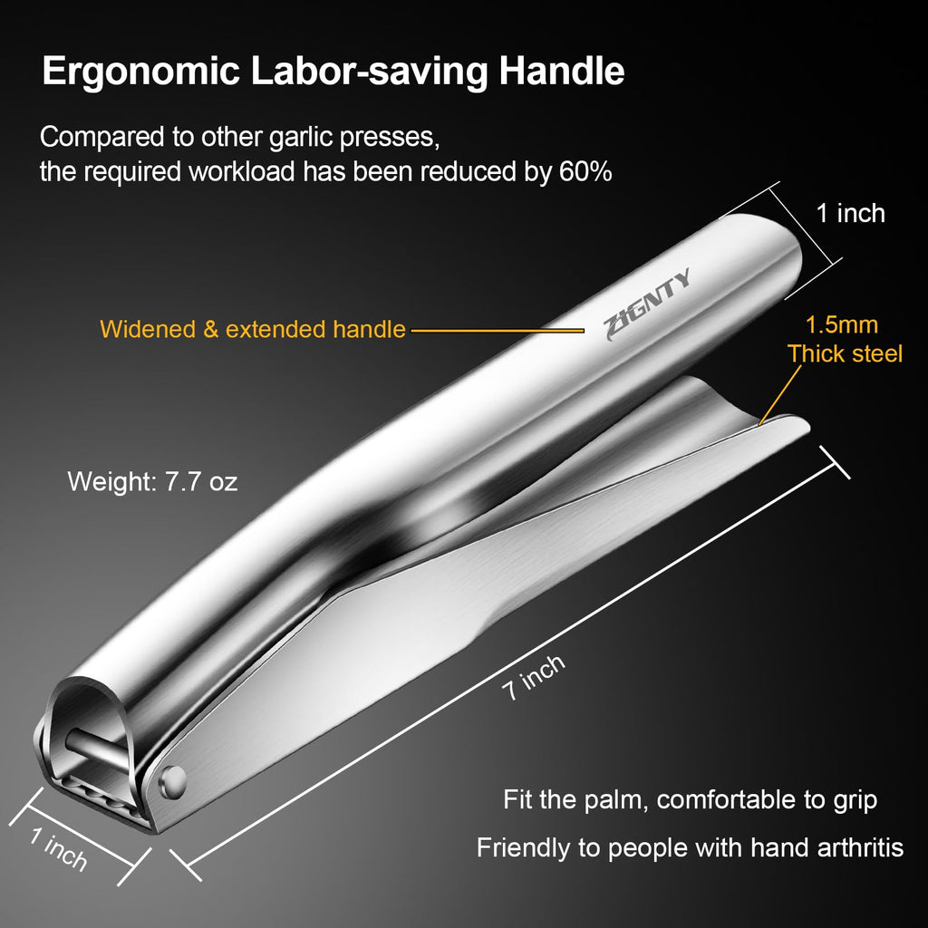 ZIGNTY Garlic Press Stainless Steel，Premium Garlic Mincer Tool，No Need to Peel Garlic Ginger Crusher & Masher Easy Squeeze Large Trough Ergonomic Handle，Rust Proof，Dishwasher Safe (5 Years Warranty)