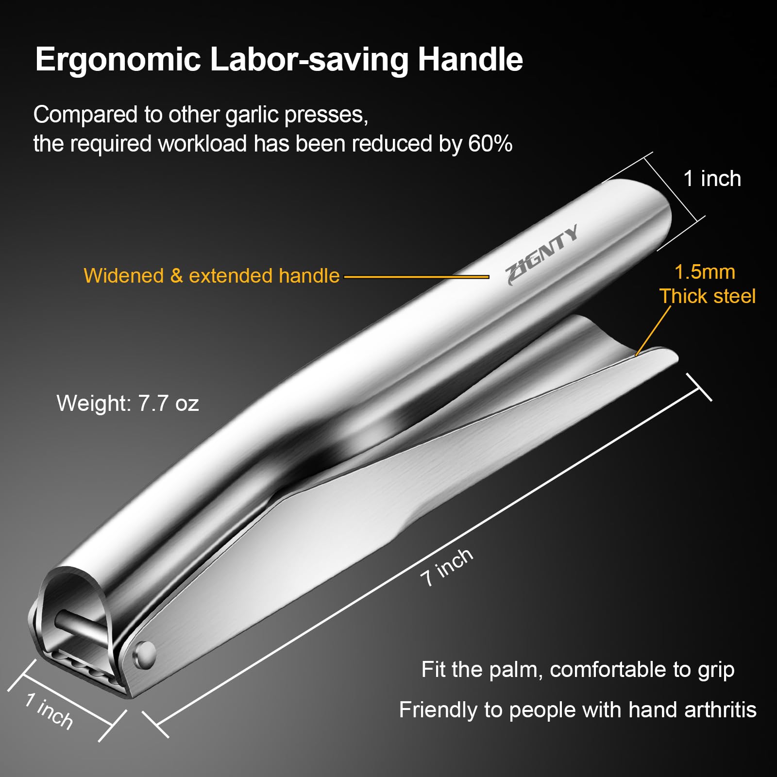 ZIGNTY Garlic Press Stainless Steel，Premium Garlic Mincer Tool，No Need to Peel Garlic Ginger Crusher & Masher Easy Squeeze Large Trough Ergonomic Handle，Rust Proof，Dishwasher Safe (5 Years Warranty)