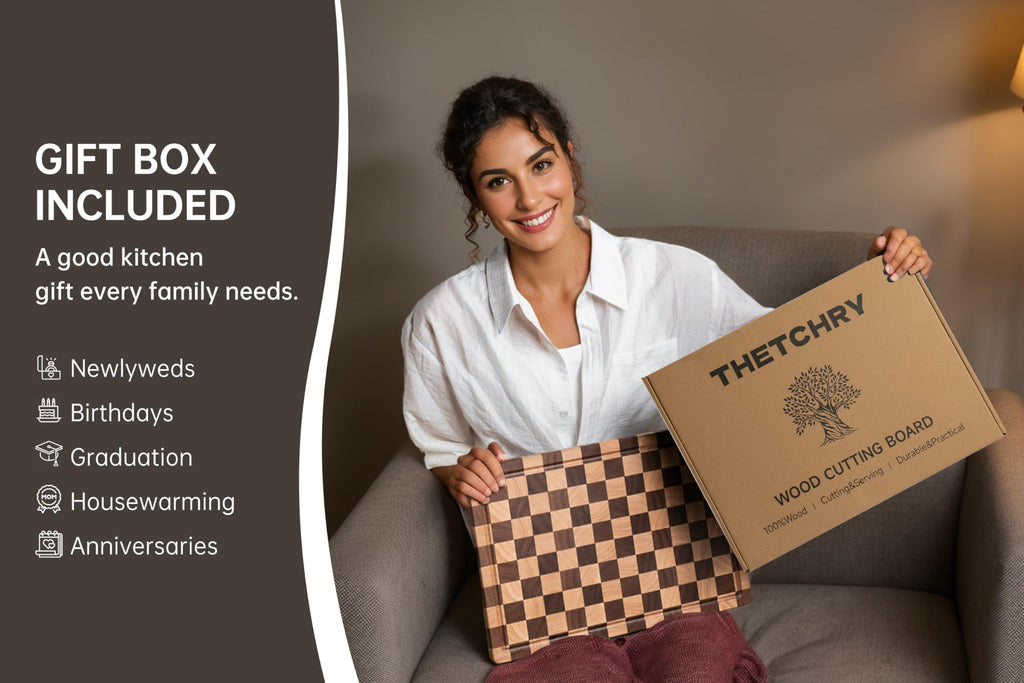 THETCHRY End Grain Cutting Boards for Kitchen, Wooden Cutting Board, Acacia Wood Chopping Board with Juice Groove & Handle, Butcher Block for Meat, Bread & Fruit, 14" L x 11" W x 0.8" Th