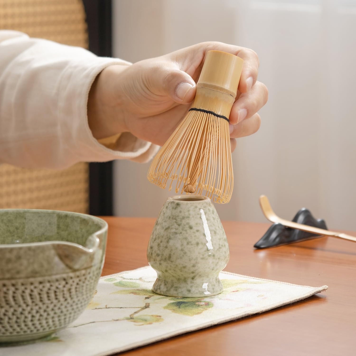 DWEHIXBUY matcha whisk set Ceremony Accessory, Matcha Whisk, Traditional Scoop (Chashaku), Tea Spoon, Whisk Holder, 1 tea bowl, 1 tea siev, 7pcs matcha set.matcha green matcha kit
