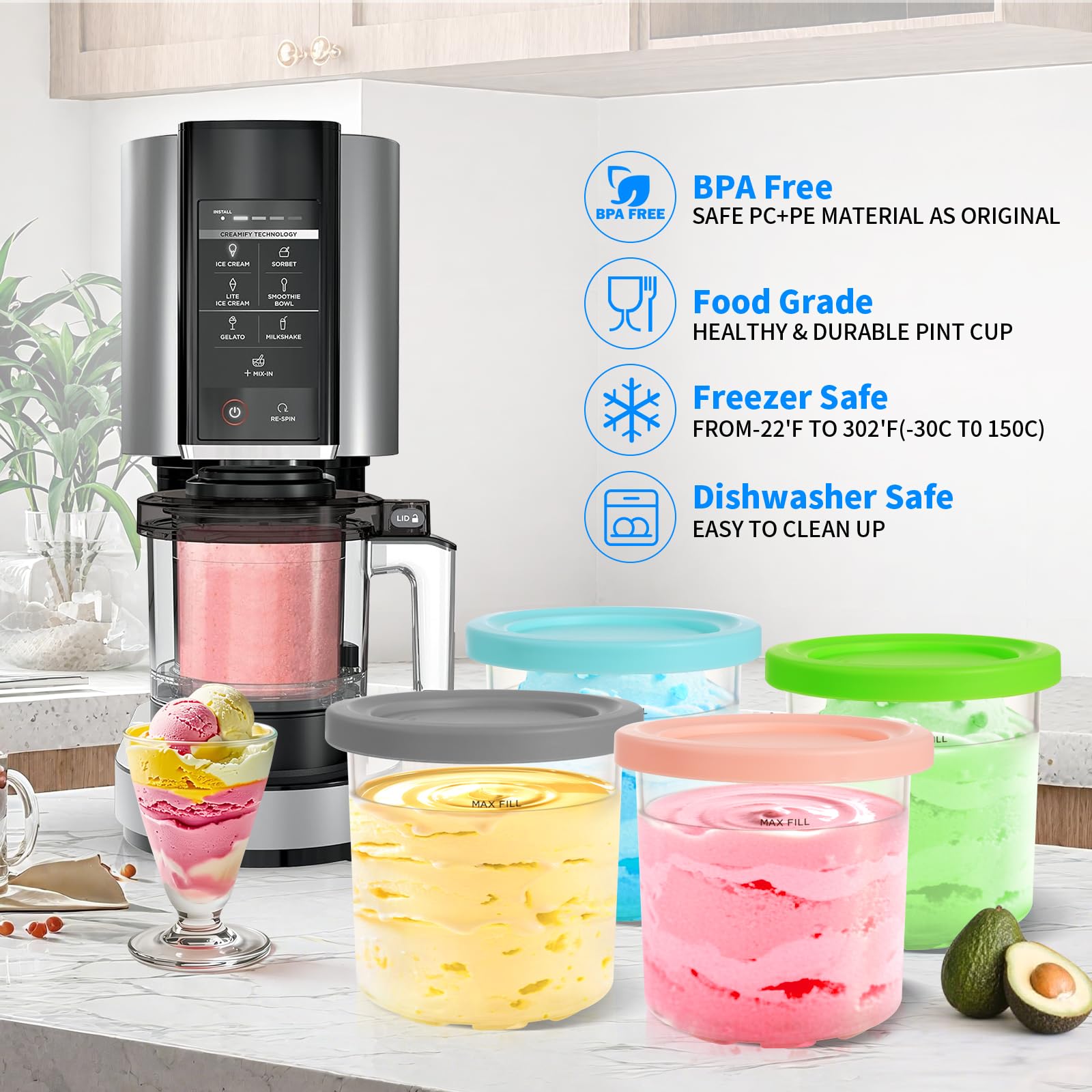 GKAKITSP 4 Pack Pints Containers and Lids Compatible with Ninja NC299 NC300 NC301 CREAMi Ice Cream Maker, BPA-Free & Dishwasher Safe, 4 Colors