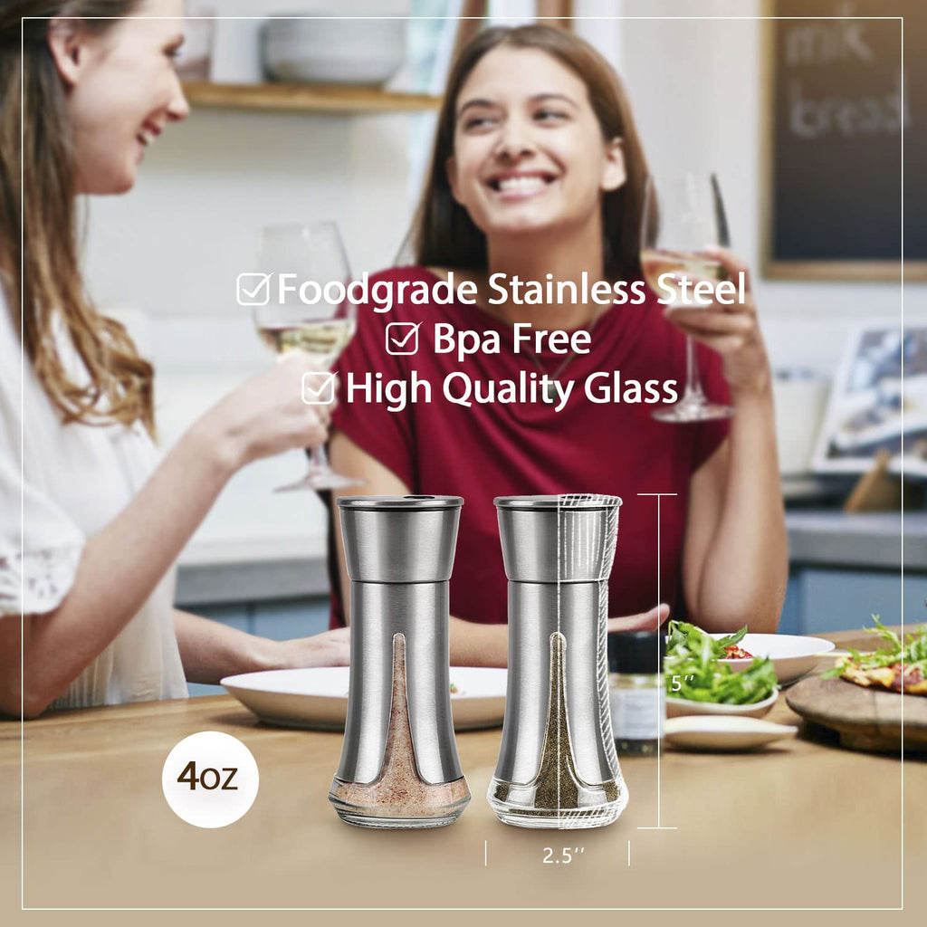 Salt and Pepper Shakers Set by Aelga - Salt Shaker with Adjustable Pour Holes -Stainless Steel Salt and Pepper shakers- Spice Shakers