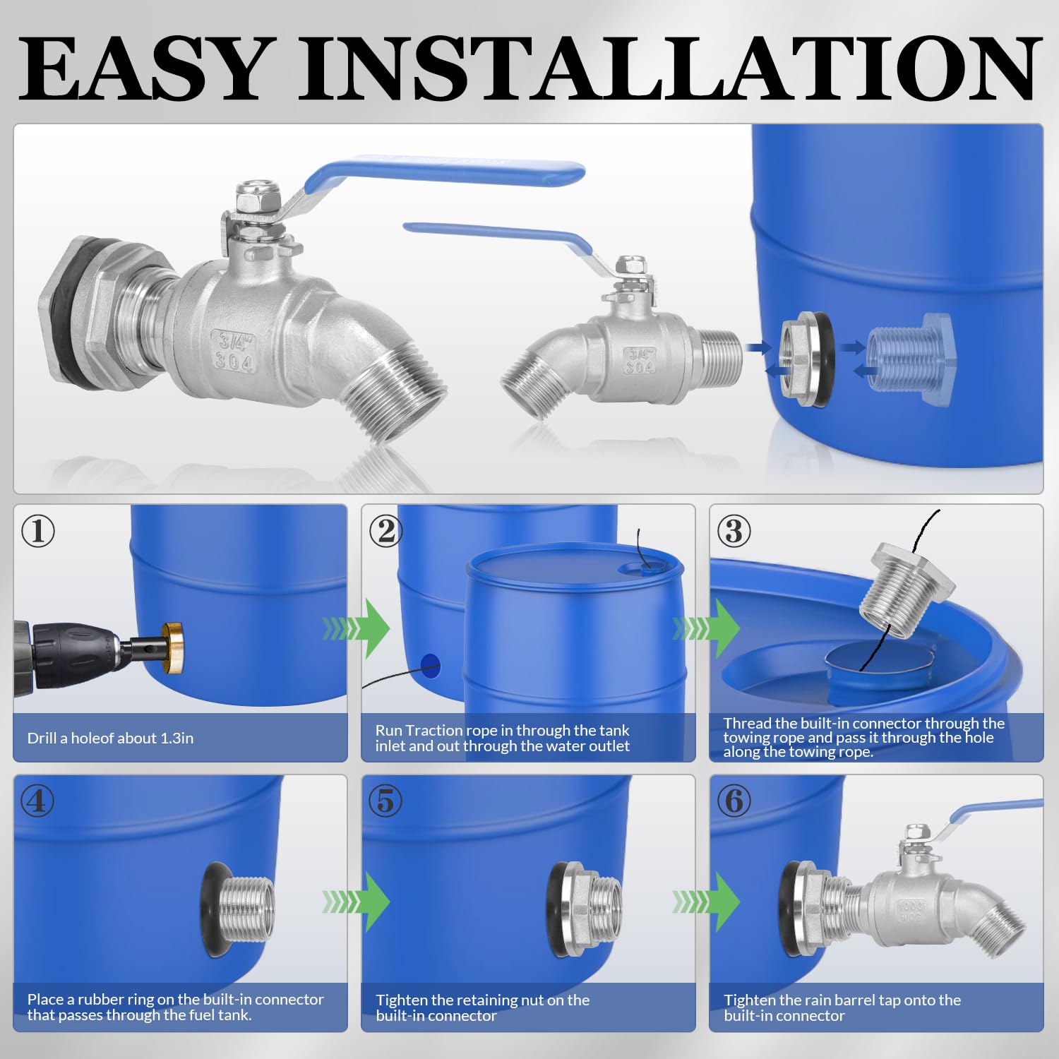Rain Barrel Spigot Kit 3/4" Stainless Steel Double External Thread Ball Valve+3/4" Garden Hose Bulkhead Fitting for Rain Barrels Aquariums Water Tanks Tubs Pools Spigot
