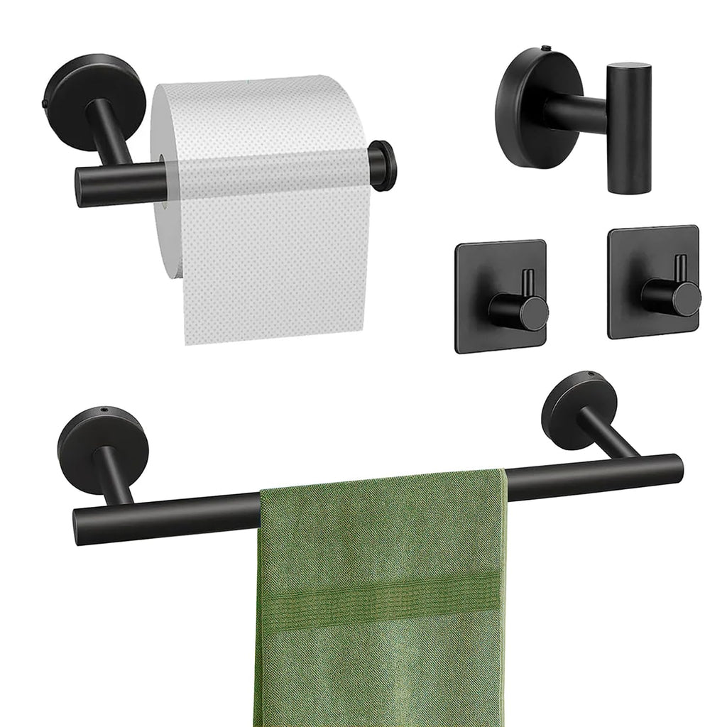 5 Piece Bathroom Hardware Set Matte Black Bathroom Accessories SUS304 Stainless Steel Include 16" Towel Rod, Toilet Paper Holder, Multifunctional Hooks