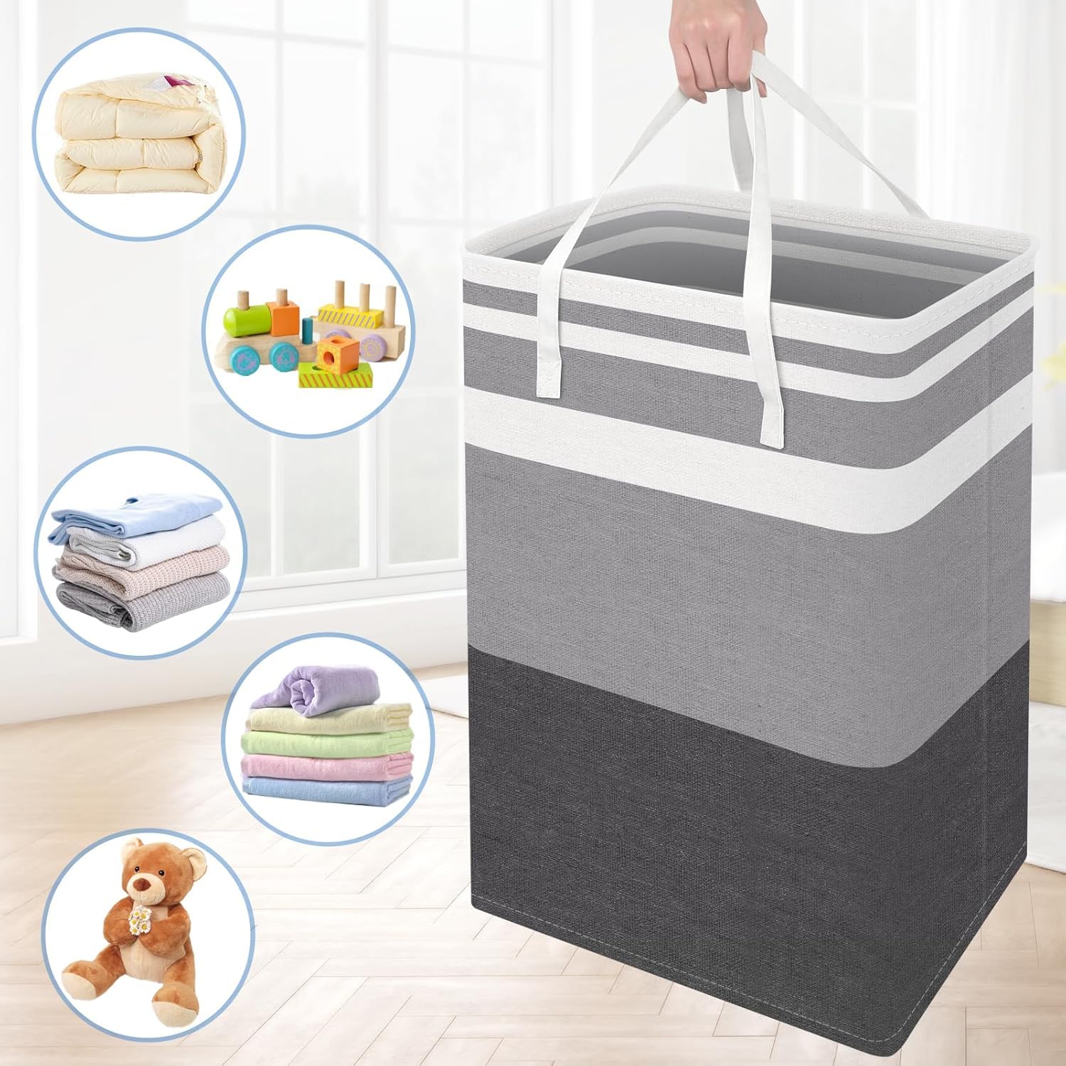 Oillase 3-Pack Laundry Basket, Freestanding＆Waterproof Laundry Hamper, Collapsible Tall Clothes Hamper with Easy Carry Handles for Clothes, Towels＆Toys in the Family and Dorm,Gradient Grey,75L