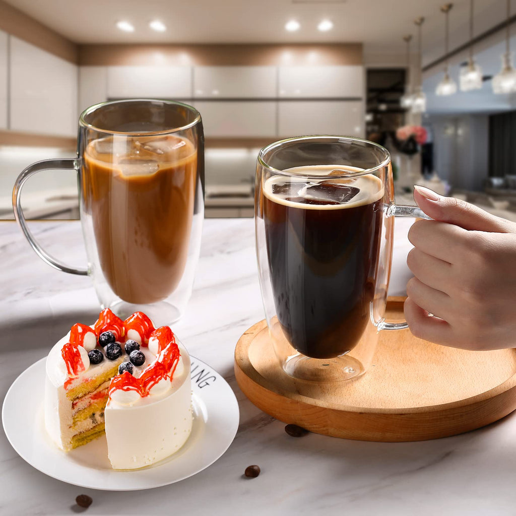 2-Pack 15 Oz Double Walled Glass Coffee Mugs with Handle,Tasse à café en verre Double paroi,Insulated Layer Coffee Cups,Clear Borosilicate Thermal Glass Mugs,Fit for Cappuccino,Tea,Latte,Hot Beverage