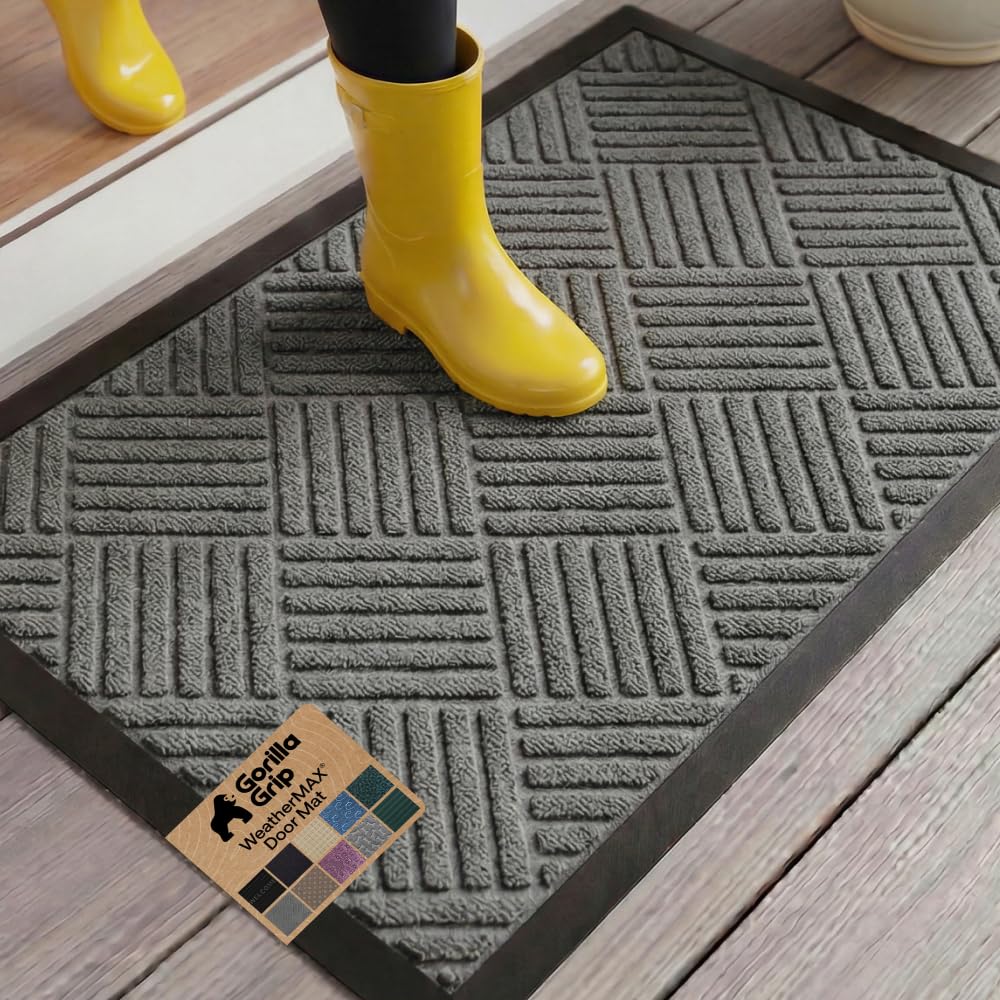 GORILLA GRIP Durable Natural Rubber Door Mat, Waterproof, Low Profile, Heavy Duty Welcome Doormat for Indoor and Outdoor, Easy Clean, Rug Mats for Entry, Patio, Busy Areas, 17x29, Gray Diamond