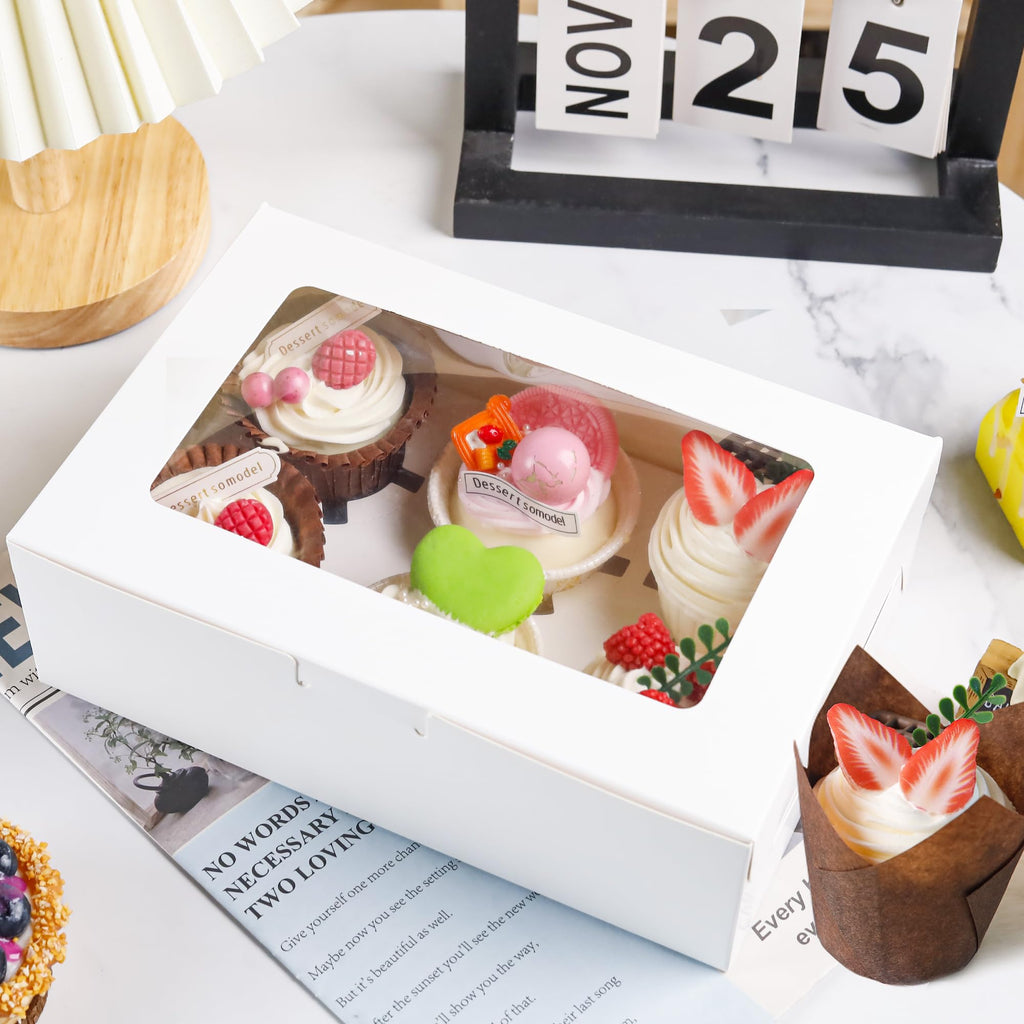15 Pack Cupcake Boxes with Inserts 6 Holders, White Standard Bakery Boxes with Window Food Grade Cupcake Containers 6 Count for Muffins