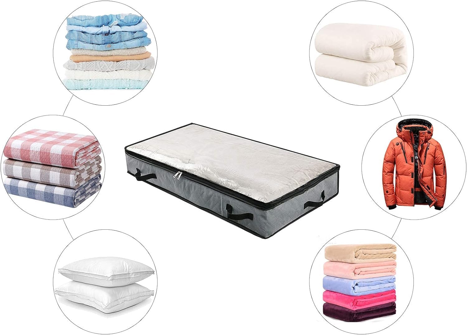 Omygarden 5Pcs Jumbo Zippered Storage Bins, Under Bed Storage Organizers for Blankets, Towels, Comforter, Sweaters with Large Clear Window & Carry Handles Space Saver, Grey