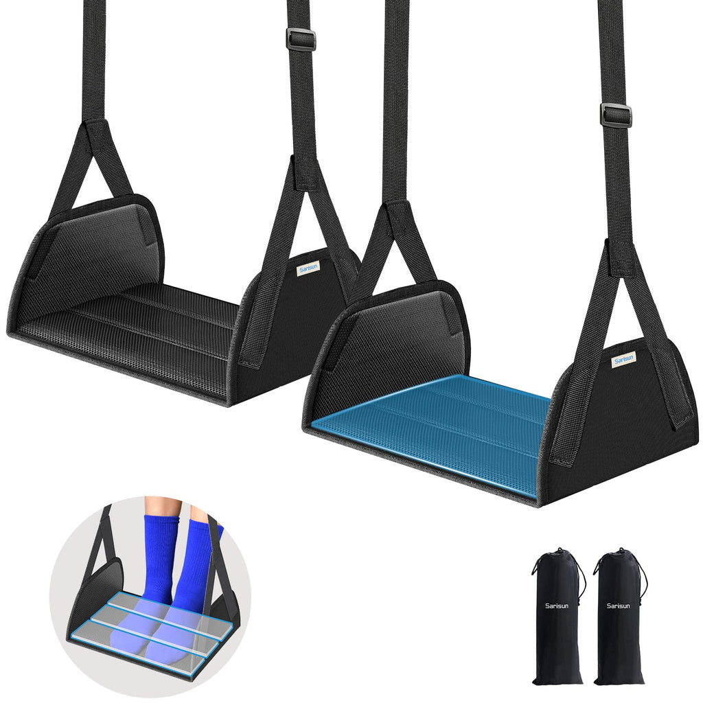 SARISUN 2-Pack Foot Hammock Airplane, No Collapse Foot Rest with Wide PE Board Support, Portable Plane Foot Hammock for Airplane, Under Desk with Adjustable Strap, Carry Bags for Women & Men